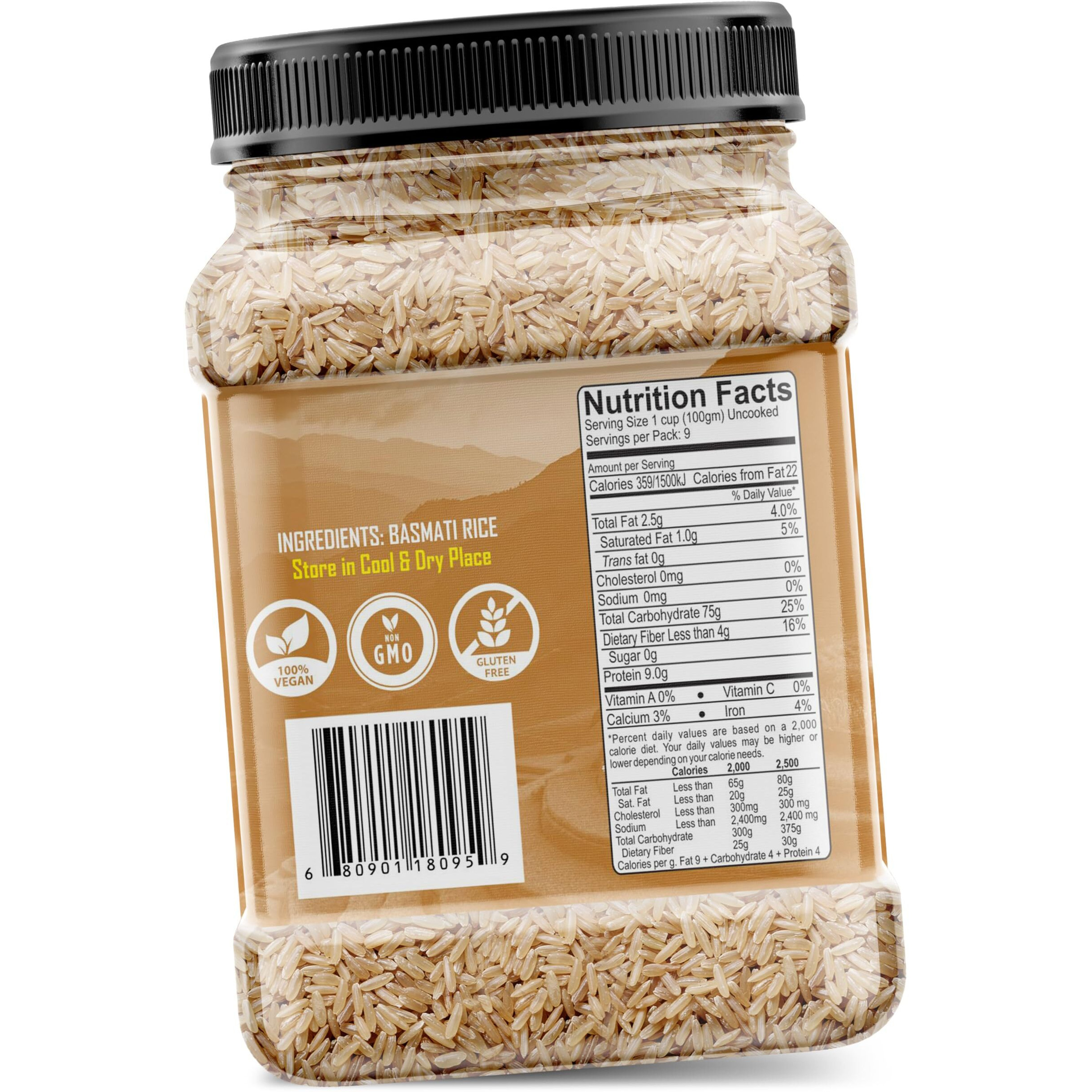 Rani Brown Basmati Rice Extra Long Aged 32oz (2lbs) 908g PET Jar ~ All Natural, Gluten Friendly, Vegan, Indian Origin, Kosher, Export Quality