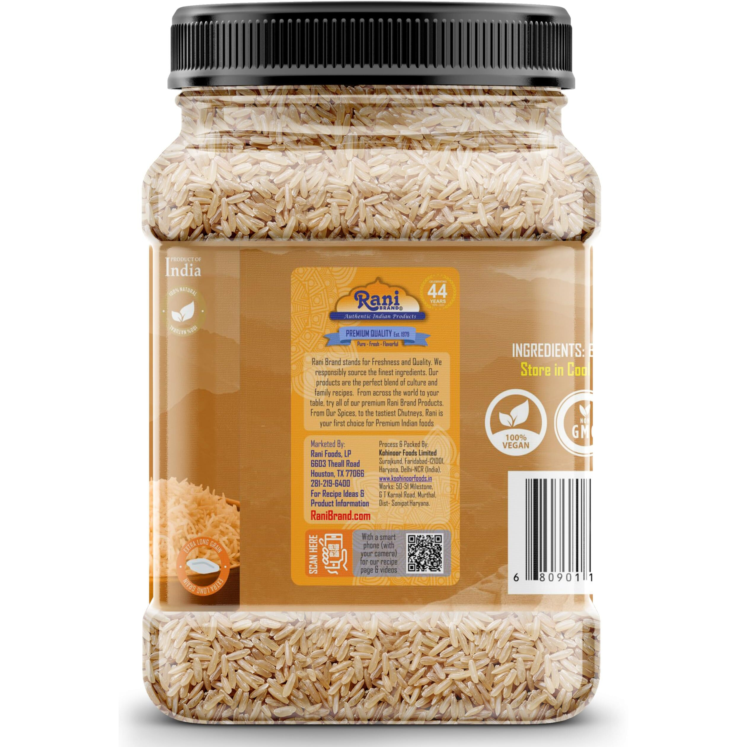 Rani Brown Basmati Rice Extra Long Aged 32oz (2lbs) 908g PET Jar ~ All Natural, Gluten Friendly, Vegan, Indian Origin, Kosher, Export Quality