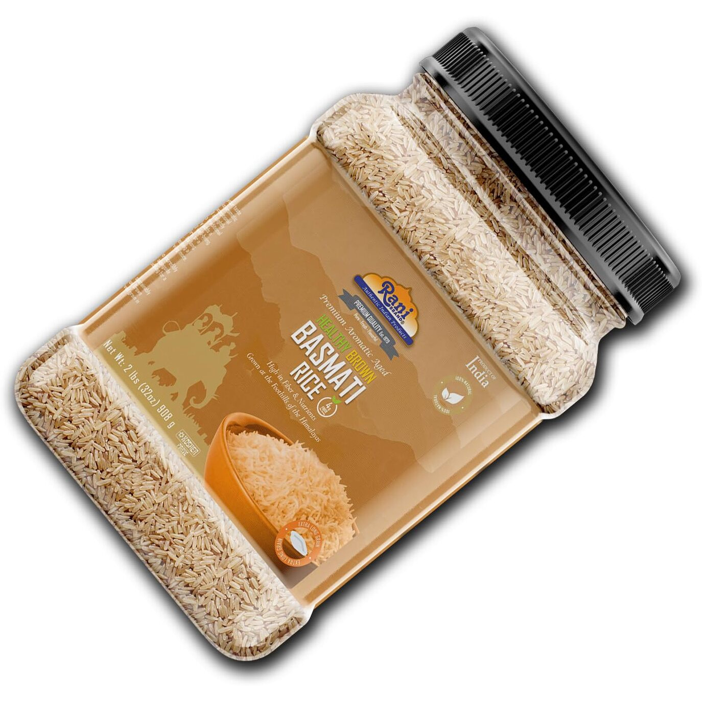 Rani Brown Basmati Rice Extra Long Aged 32oz (2lbs) 908g PET Jar ~ All Natural, Gluten Friendly, Vegan, Indian Origin, Kosher, Export Quality