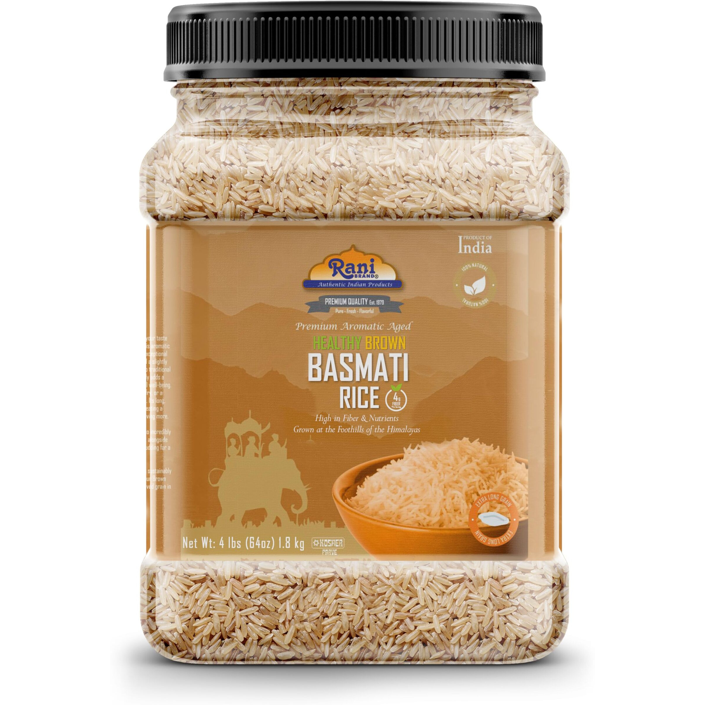 Rani Brown Basmati Rice Extra Long Aged 64oz (4lbs) 1.81kg PET Jar ~ All Natural, Gluten Friendly, Vegan, Indian Origin, Kosher, Export Quality