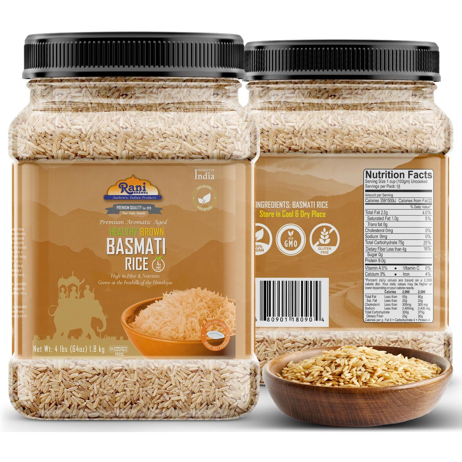 Rani Brown Basmati Rice Extra Long Aged 64oz (4lbs) 1.81kg PET Jar ~ All Natural, Gluten Friendly, Vegan, Indian Origin, Kosher, Export Quality