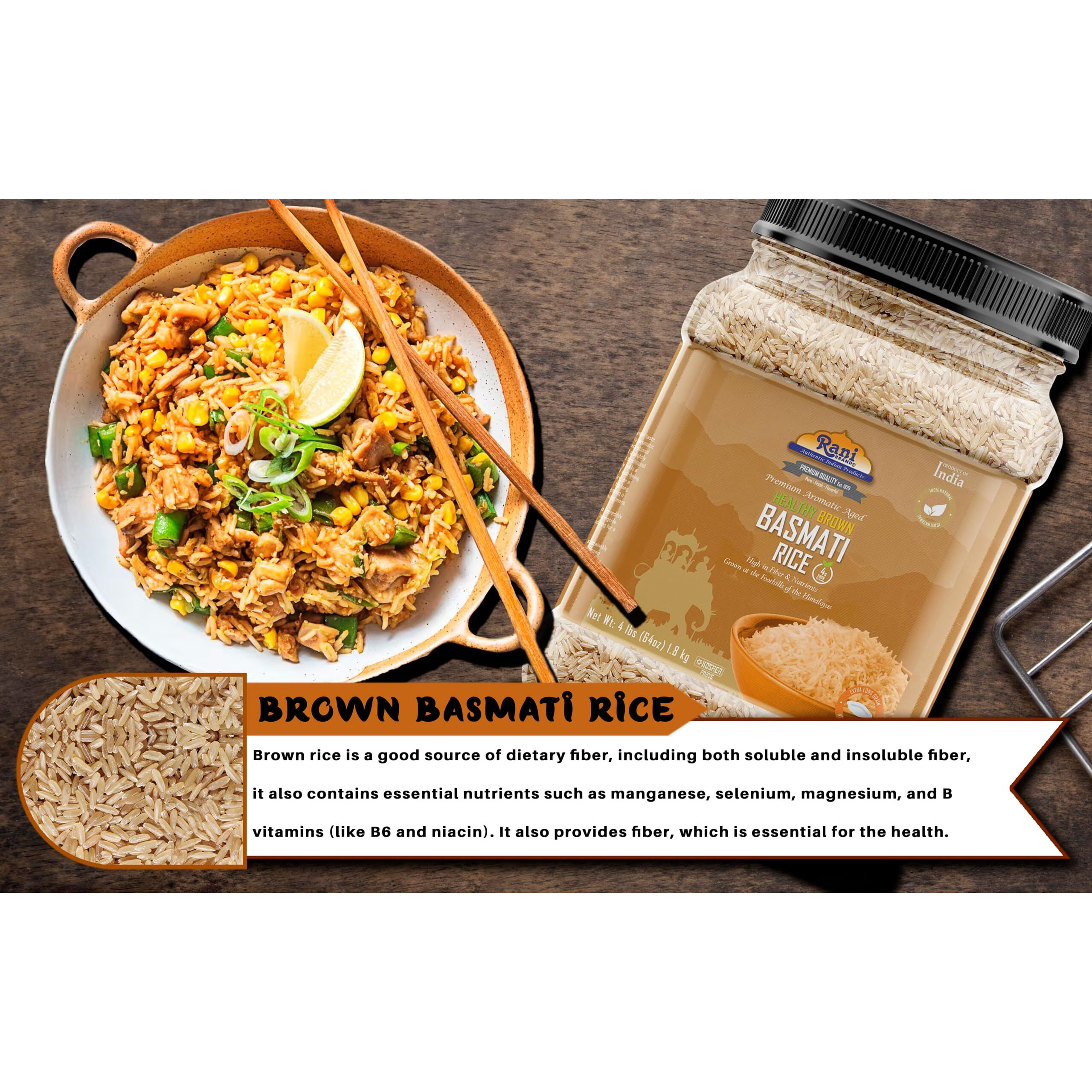 Rani Brown Basmati Rice Extra Long Aged 64oz (4lbs) 1.81kg PET Jar ~ All Natural, Gluten Friendly, Vegan, Indian Origin, Kosher, Export Quality