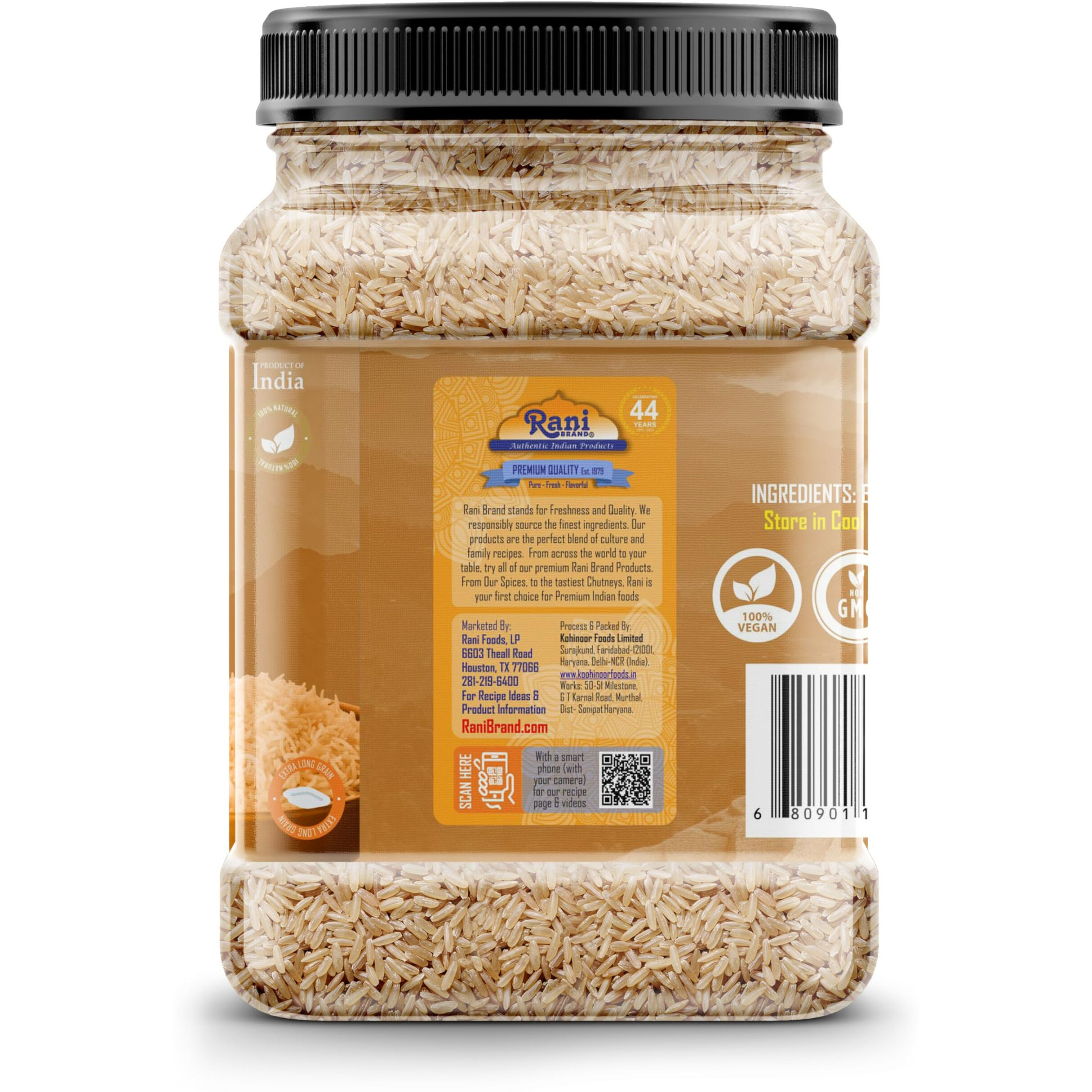 Rani Brown Basmati Rice Extra Long Aged 64oz (4lbs) 1.81kg PET Jar ~ All Natural, Gluten Friendly, Vegan, Indian Origin, Kosher, Export Quality