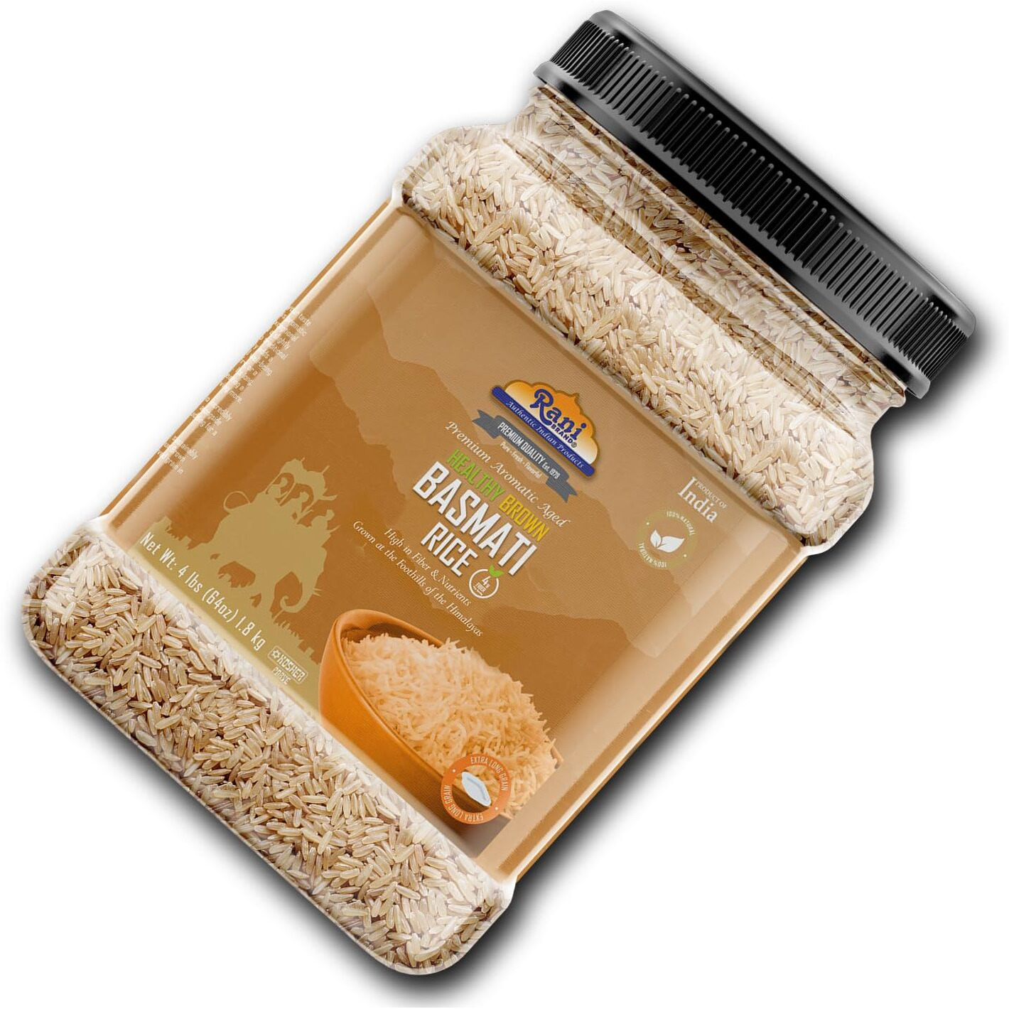 Rani Brown Basmati Rice Extra Long Aged 64oz (4lbs) 1.81kg PET Jar ~ All Natural, Gluten Friendly, Vegan, Indian Origin, Kosher, Export Quality