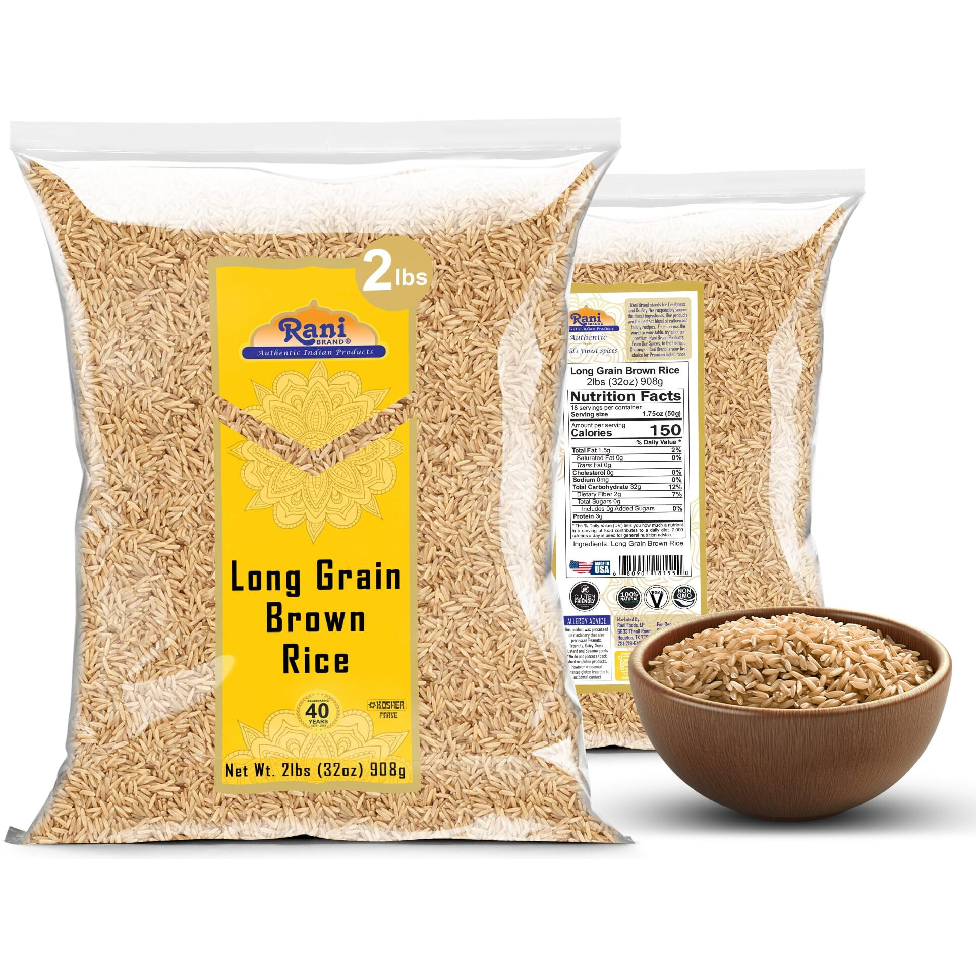 Rani Long Grain Brown Rice 32oz (2lbs) 908g ~ All Natural, Gluten Friendly, Vegan, Non-GMO, Kosher, Product of USA