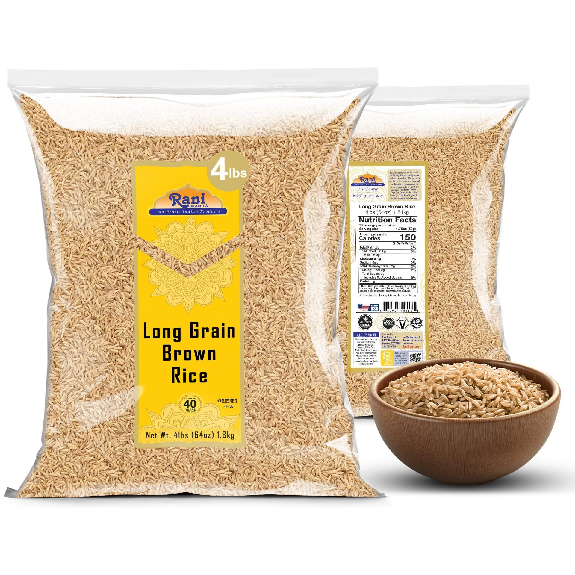 Rani Long Grain Brown Rice 64oz (4lbs) 1.81kg Bulk ~ All Natural, Gluten Friendly, Vegan, Non-GMO, Kosher, Product of USA