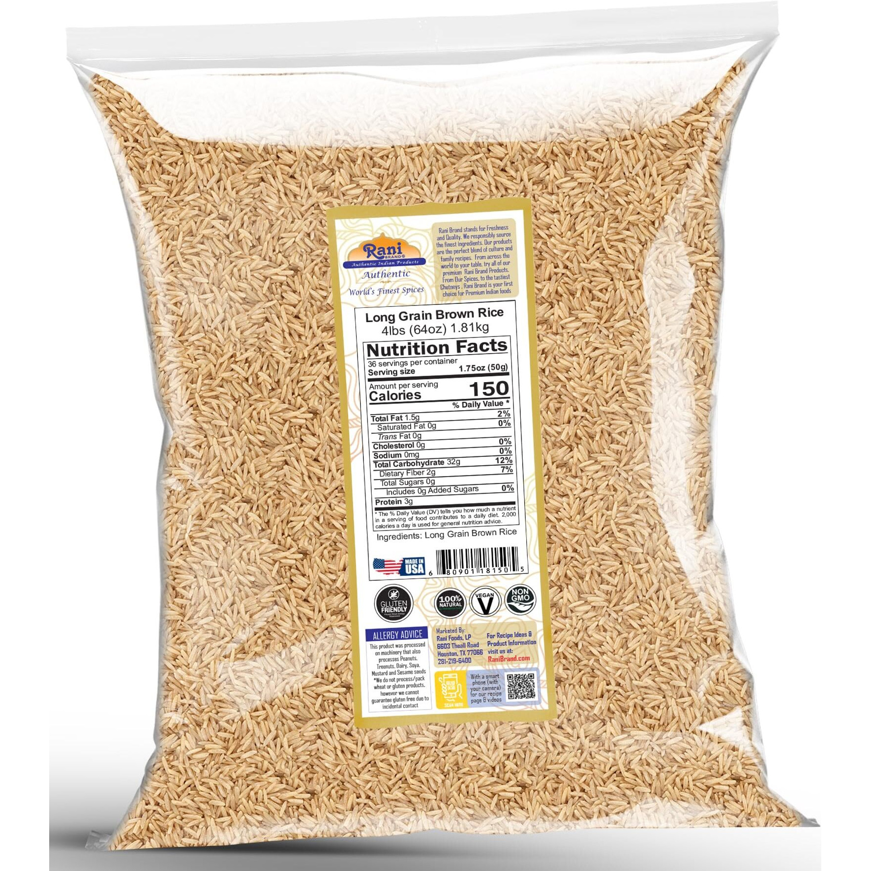 Rani Long Grain Brown Rice 64oz (4lbs) 1.81kg Bulk ~ All Natural, Gluten Friendly, Vegan, Non-GMO, Kosher, Product of USA