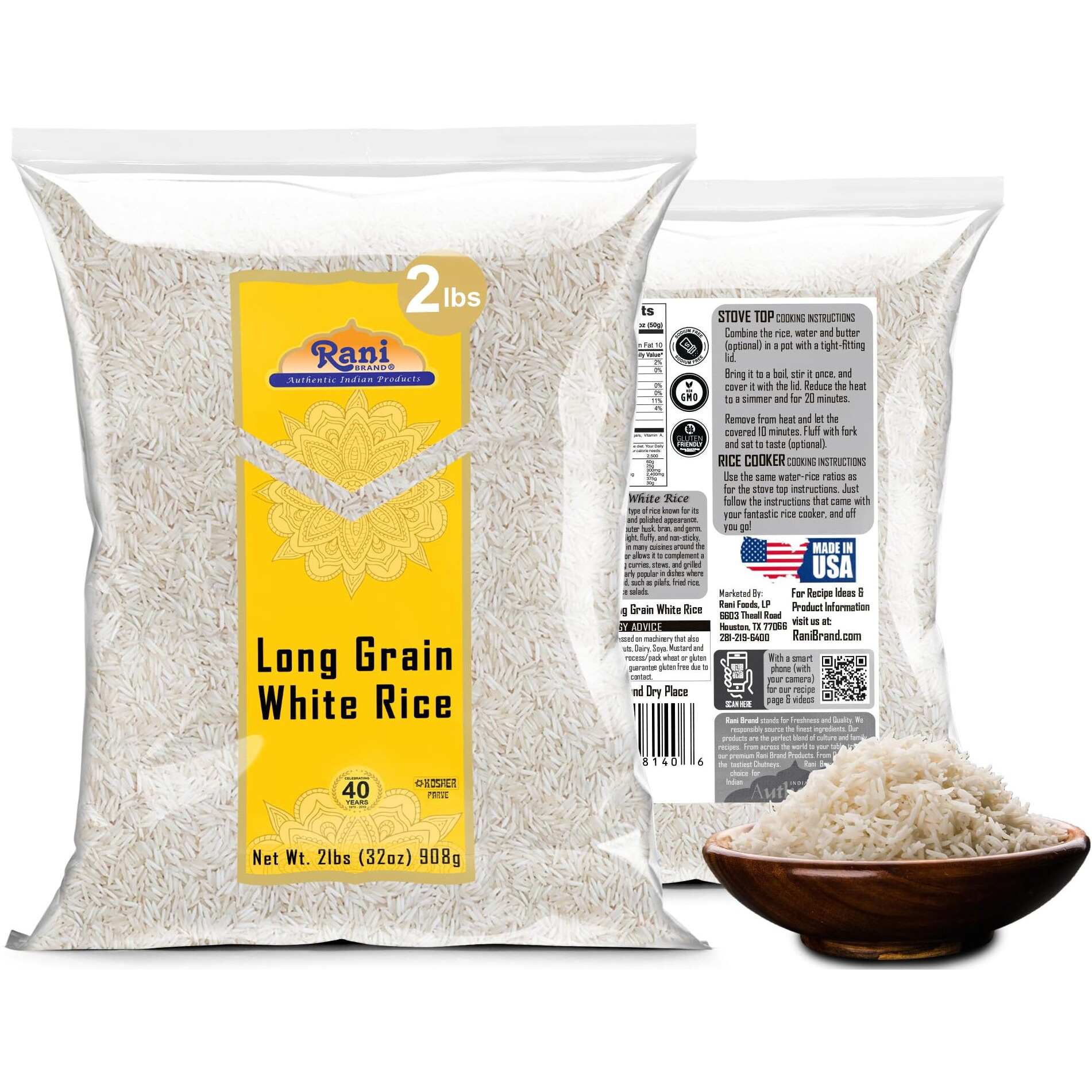 Rani Long Grain White Rice 32oz (2lbs) 908g ~ All Natural, Gluten Friendly, Vegan, Non-GMO, Kosher, Product of USA