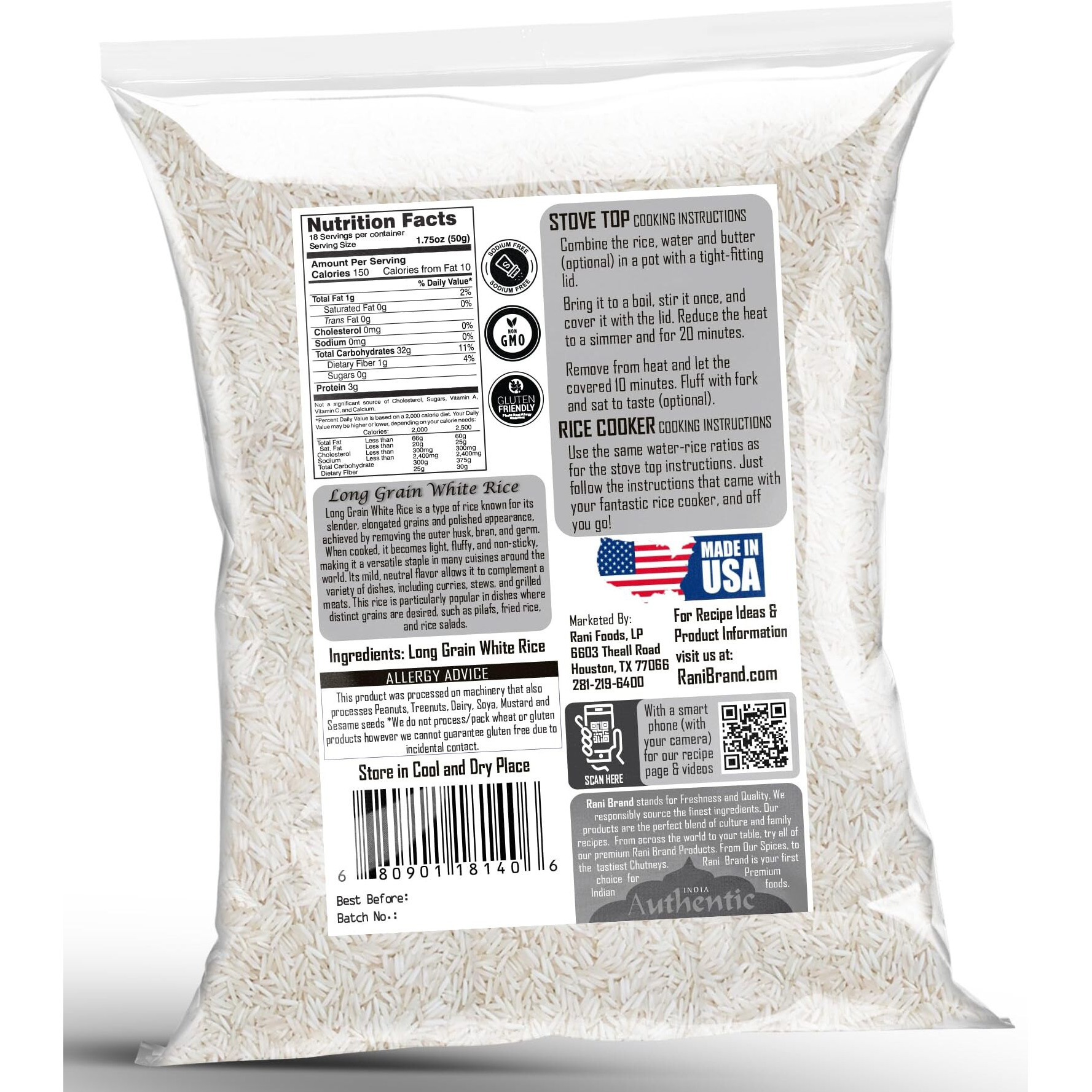 Rani Long Grain White Rice 32oz (2lbs) 908g ~ All Natural, Gluten Friendly, Vegan, Non-GMO, Kosher, Product of USA