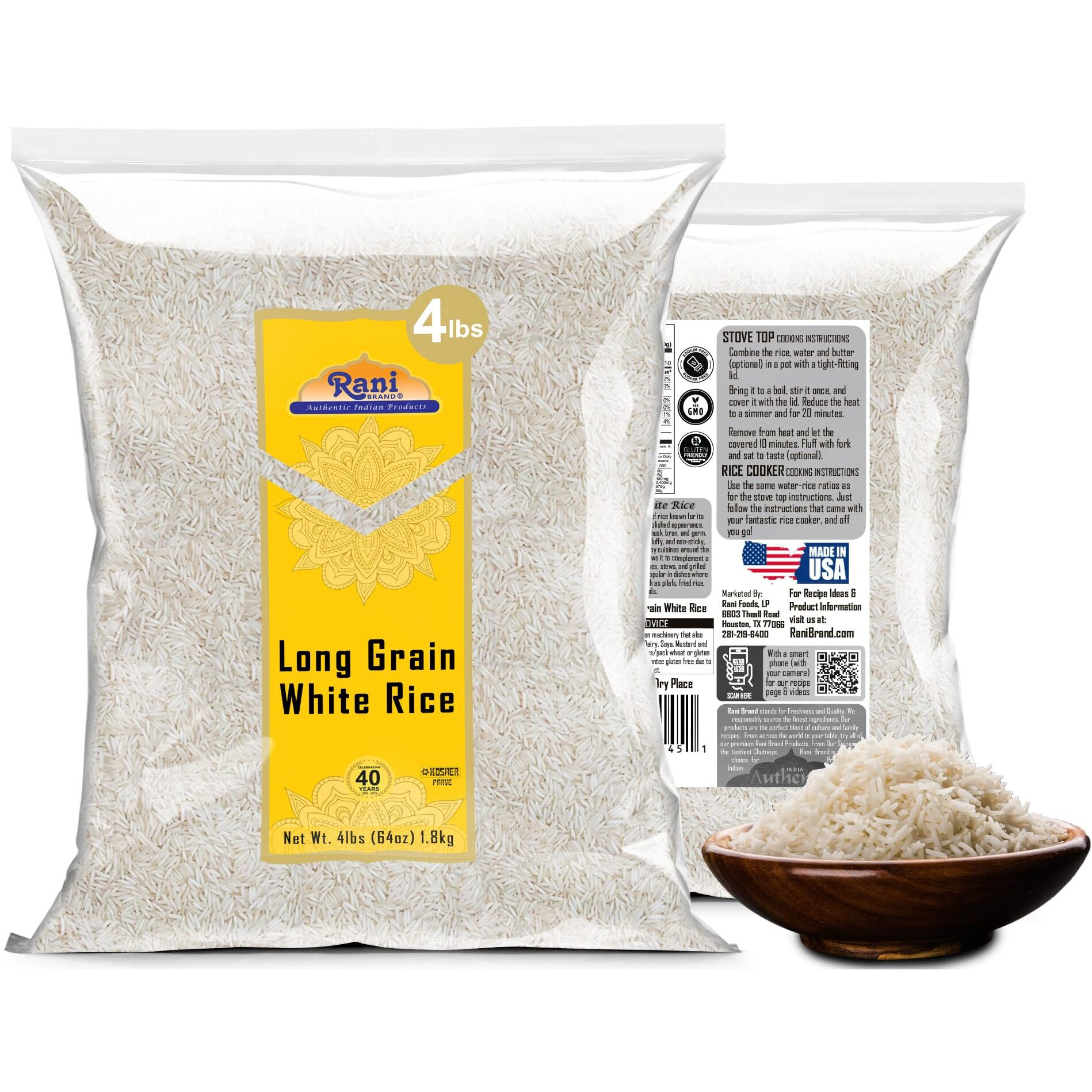Rani Long Grain White Rice 64oz (4lbs) 1.81kg Bulk ~ All Natural, Gluten Friendly, Vegan, Non-GMO, Kosher, Product of USA