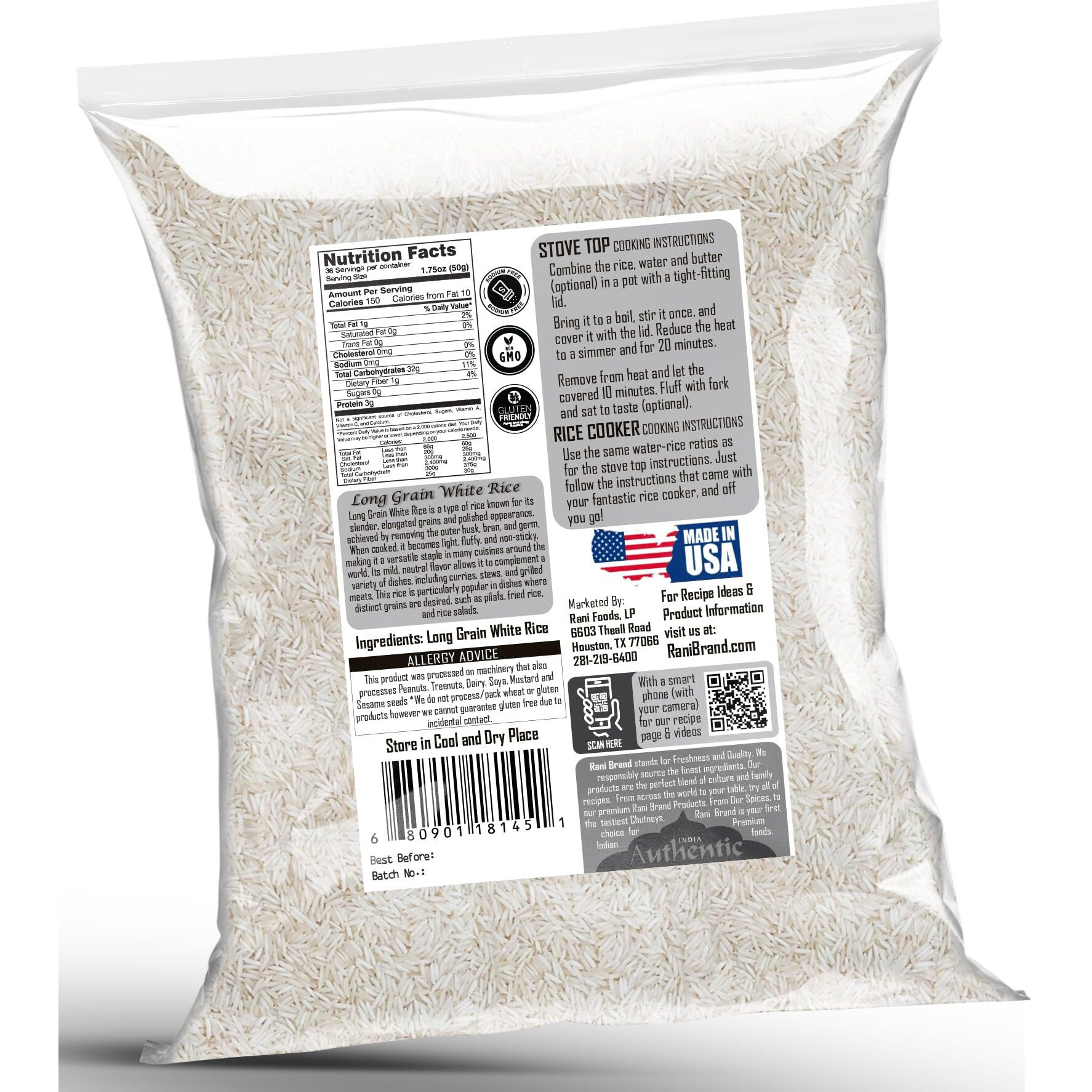 Rani Long Grain White Rice 64oz (4lbs) 1.81kg Bulk ~ All Natural, Gluten Friendly, Vegan, Non-GMO, Kosher, Product of USA