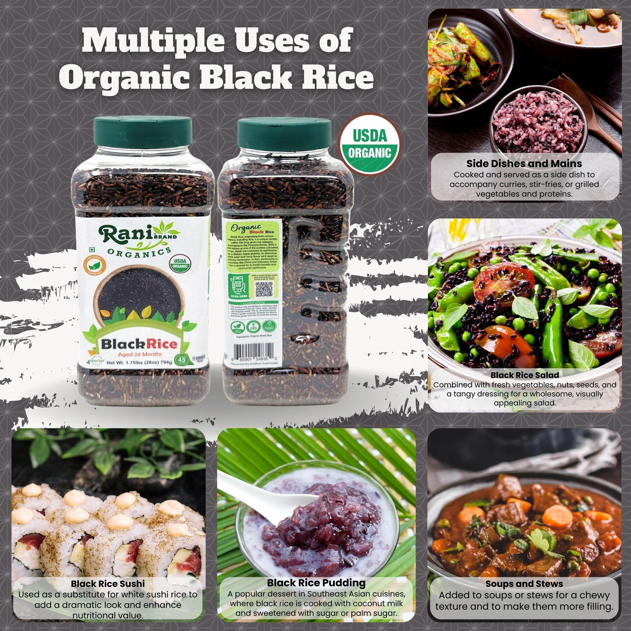 Rani Organic Black Rice Extra Long Aged 28oz (1.75lbs) 800g PET Jar ~ All Natural, Gluten Friendly, Vegan, Indian Origin, Kosher, Export Quality, USDA Certified Organic