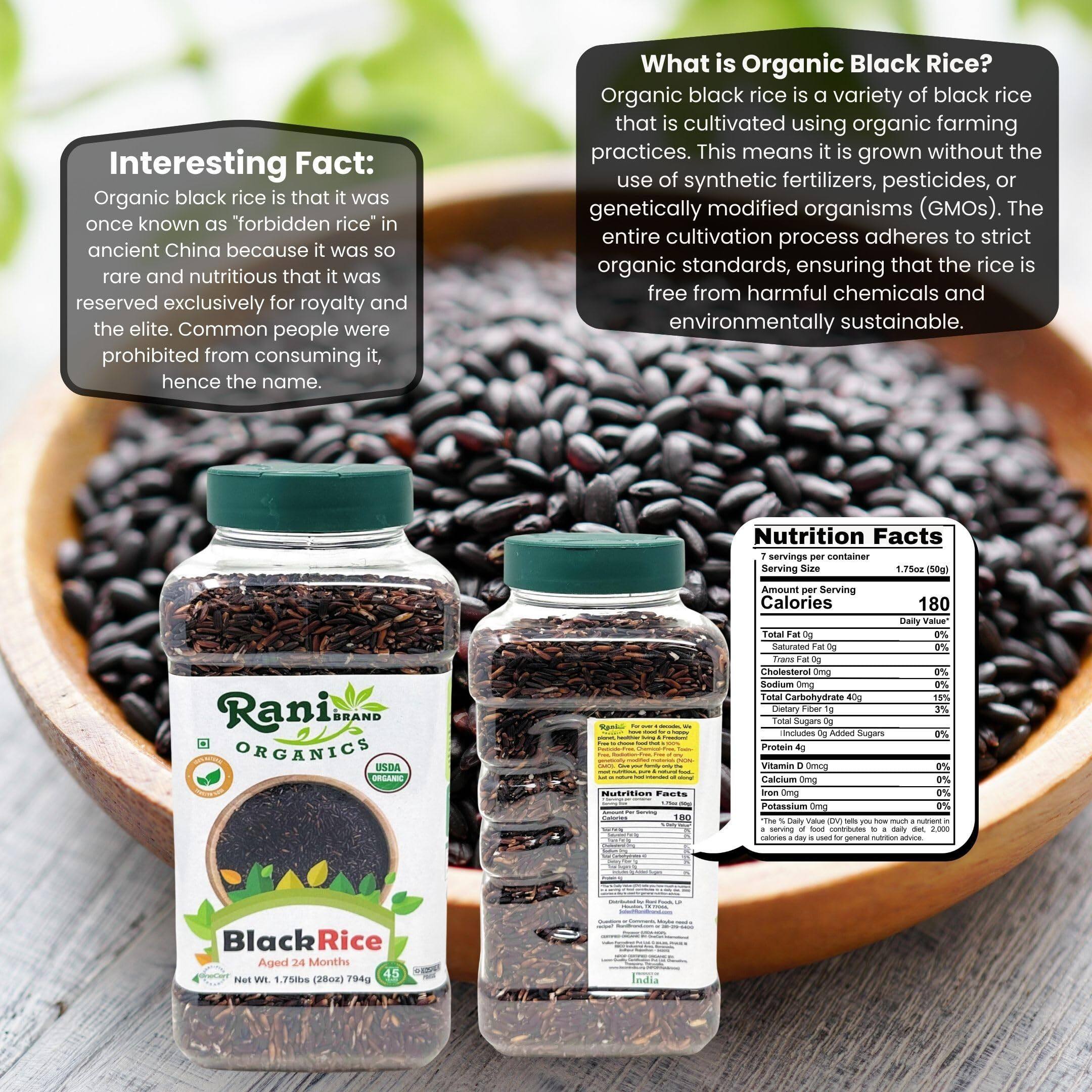 Rani Organic Black Rice Extra Long Aged 28oz (1.75lbs) 800g PET Jar ~ All Natural, Gluten Friendly, Vegan, Indian Origin, Kosher, Export Quality, USDA Certified Organic