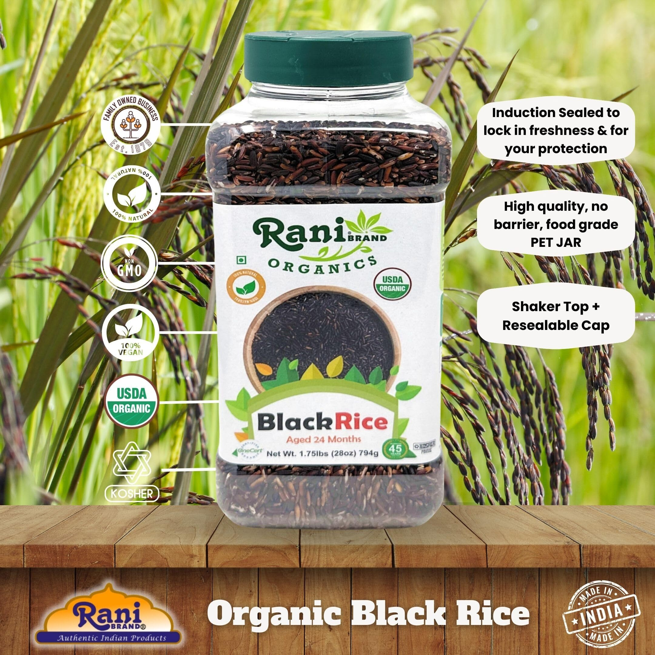Rani Organic Black Rice Extra Long Aged 28oz (1.75lbs) 800g PET Jar ~ All Natural, Gluten Friendly, Vegan, Indian Origin, Kosher, Export Quality, USDA Certified Organic