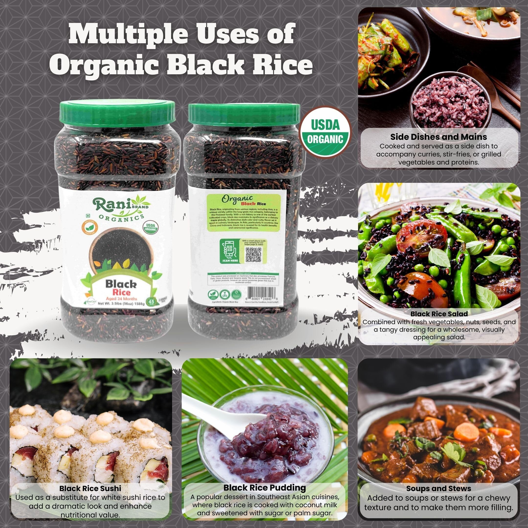 Rani Organic Black Rice Extra Long Aged 56oz (3.5lbs) 1.59kg Bulk PET Jar ~ All Natural, Gluten Friendly, Vegan, Indian Origin, Kosher, Export Quality, USDA Certified Organic