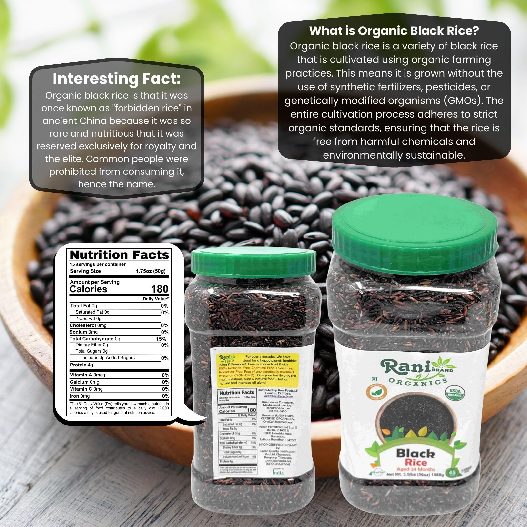 Rani Organic Black Rice Extra Long Aged 56oz (3.5lbs) 1.59kg Bulk PET Jar ~ All Natural, Gluten Friendly, Vegan, Indian Origin, Kosher, Export Quality, USDA Certified Organic