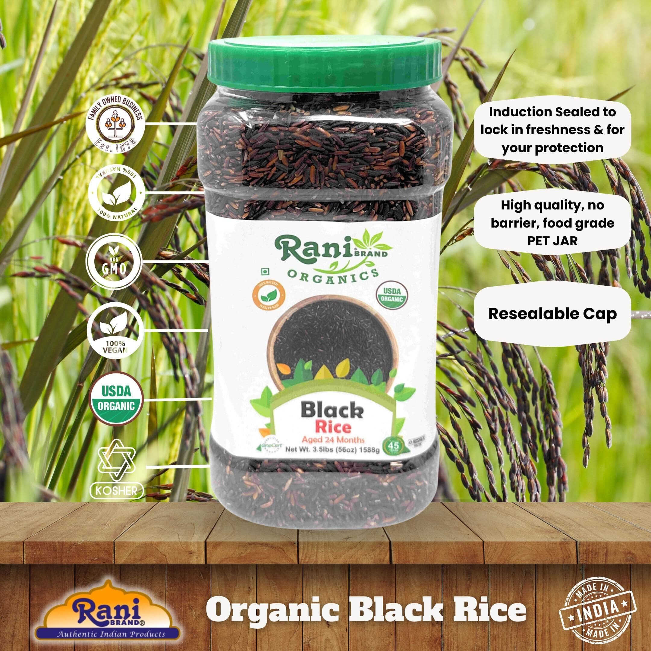 Rani Organic Black Rice Extra Long Aged 56oz (3.5lbs) 1.59kg Bulk PET Jar ~ All Natural, Gluten Friendly, Vegan, Indian Origin, Kosher, Export Quality, USDA Certified Organic