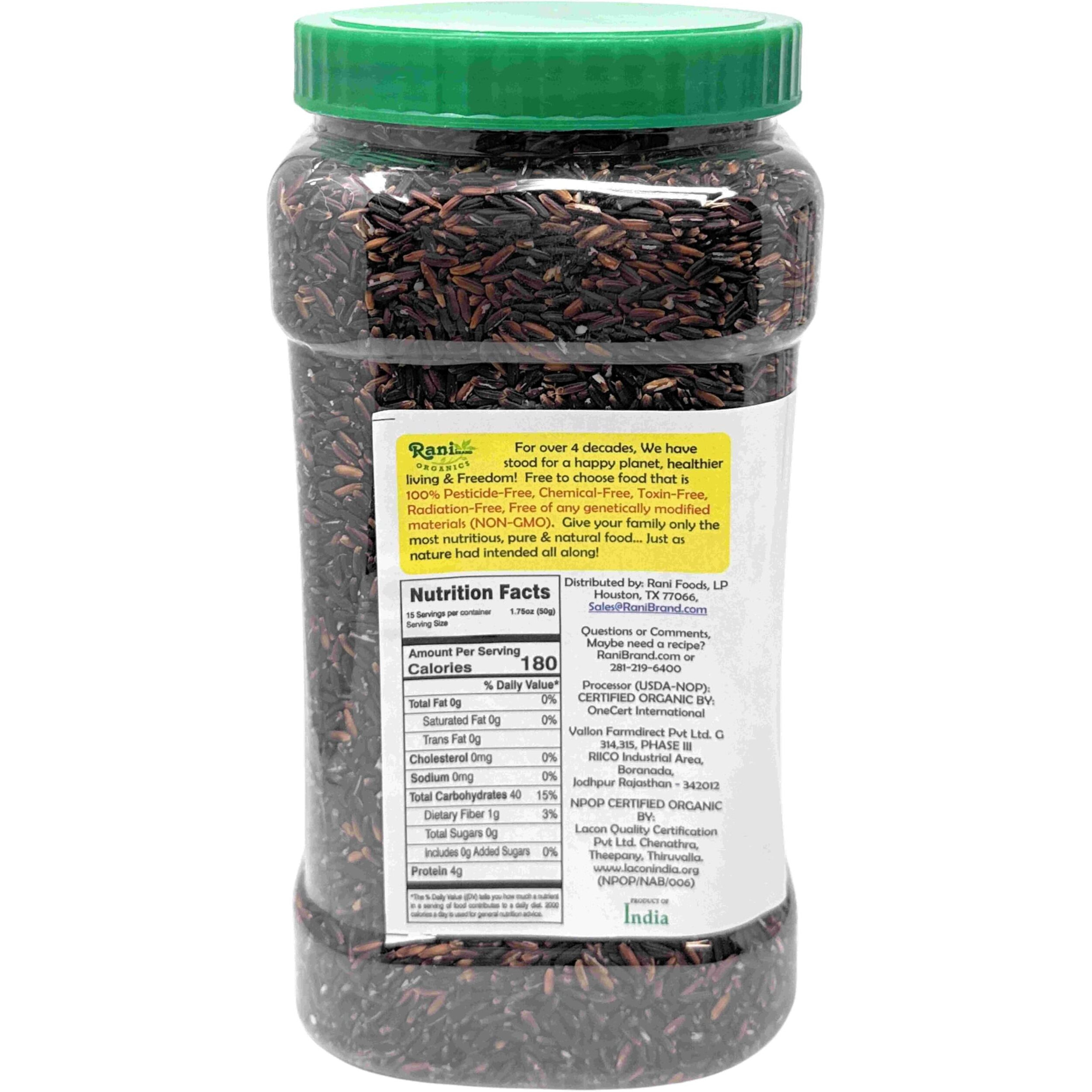 Rani Organic Black Rice Extra Long Aged 56oz (3.5lbs) 1.59kg Bulk PET Jar ~ All Natural, Gluten Friendly, Vegan, Indian Origin, Kosher, Export Quality, USDA Certified Organic