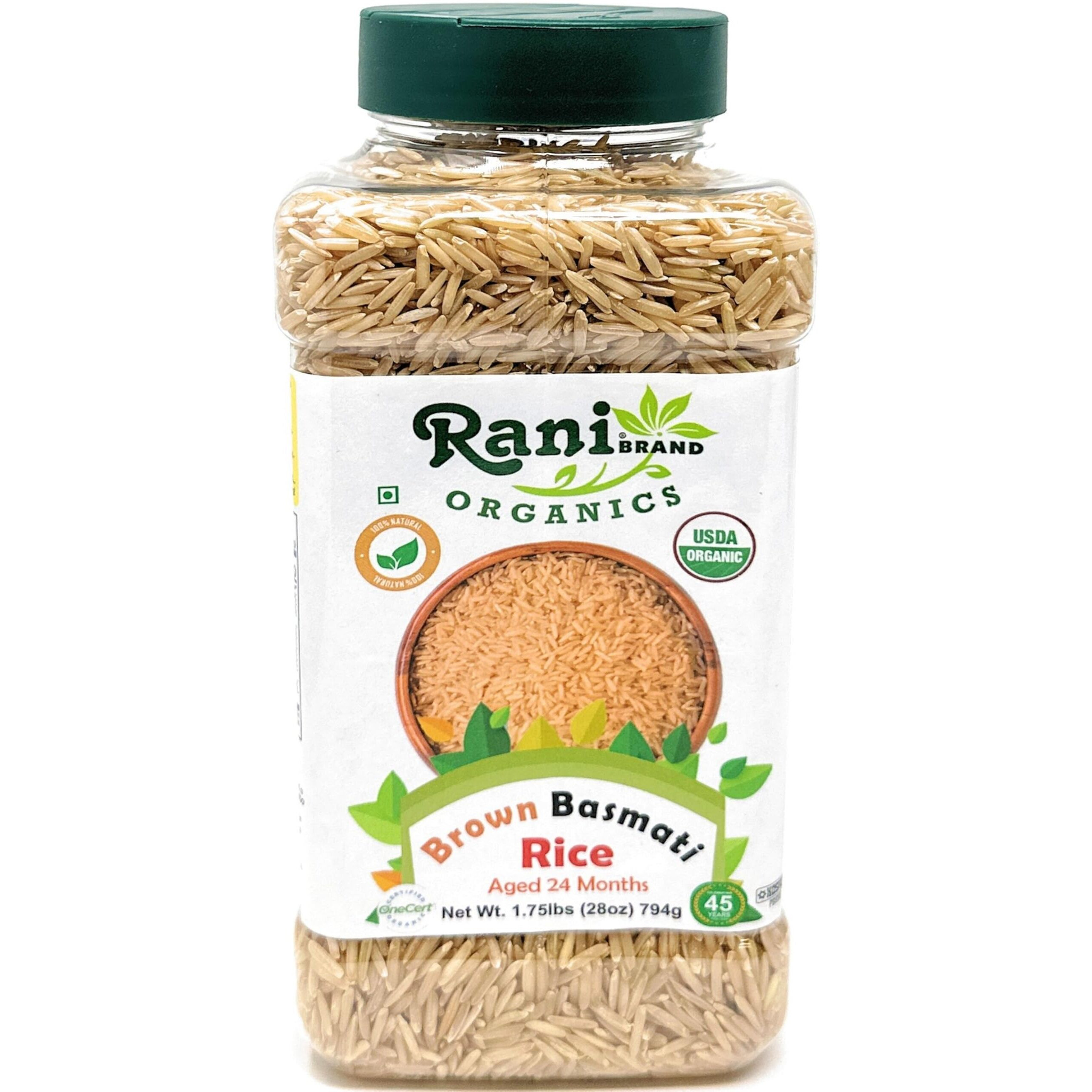 Rani Organic Brown Basmati Rice Extra Long Aged 28oz (1.75lbs) 800g PET Jar ~ All Natural, Gluten Friendly, Vegan, Indian Origin, Kosher, Export Quality, USDA Certified Organic