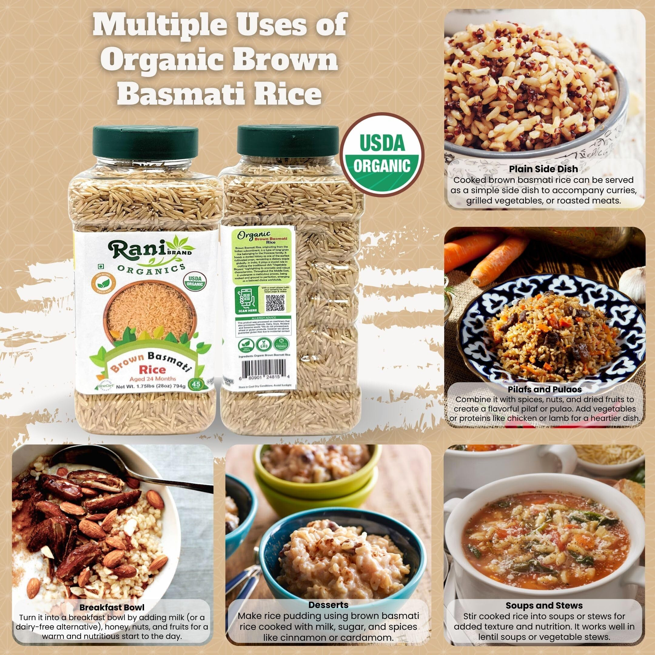 Rani Organic Brown Basmati Rice Extra Long Aged 28oz (1.75lbs) 800g PET Jar ~ All Natural, Gluten Friendly, Vegan, Indian Origin, Kosher, Export Quality, USDA Certified Organic