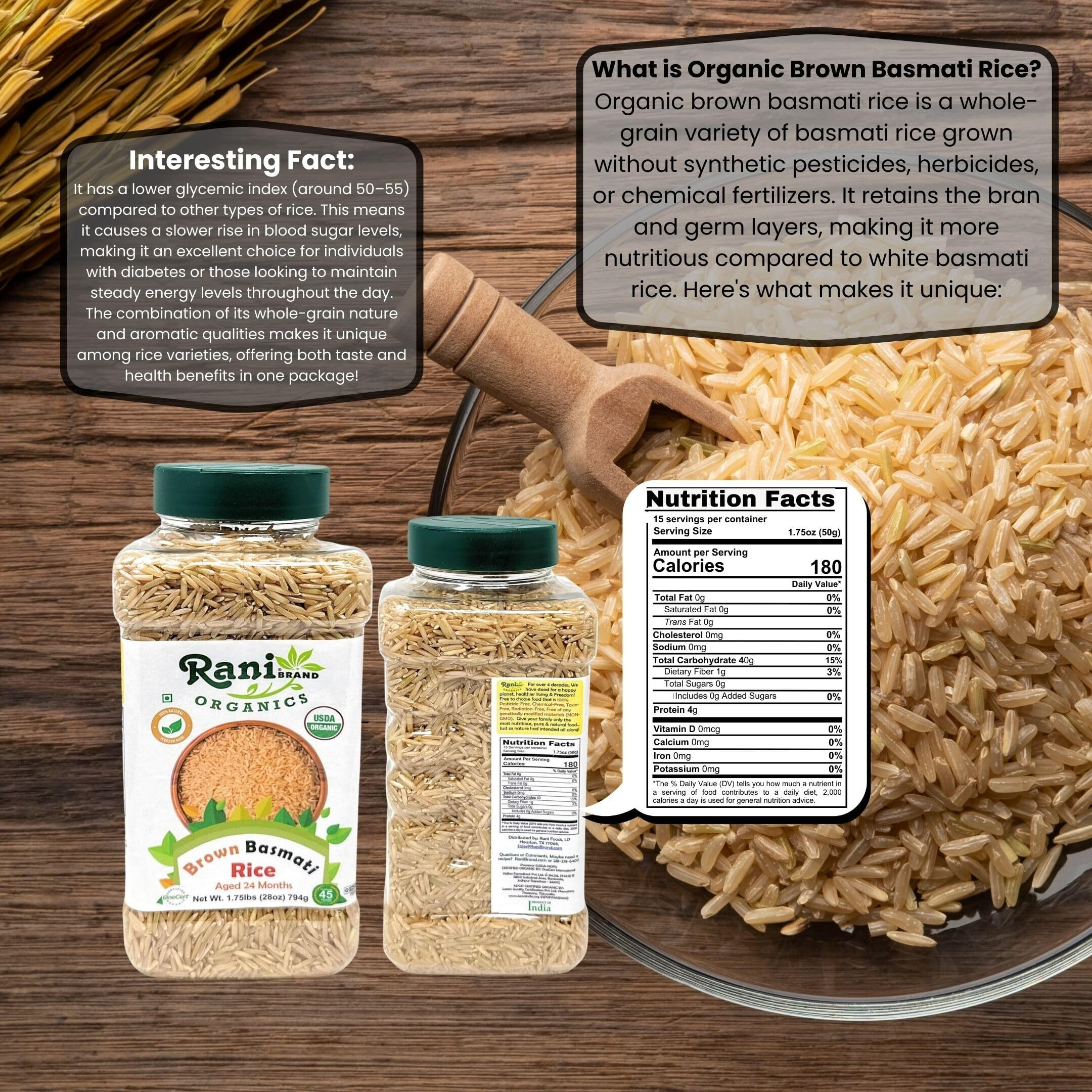Rani Organic Brown Basmati Rice Extra Long Aged 28oz (1.75lbs) 800g PET Jar ~ All Natural, Gluten Friendly, Vegan, Indian Origin, Kosher, Export Quality, USDA Certified Organic
