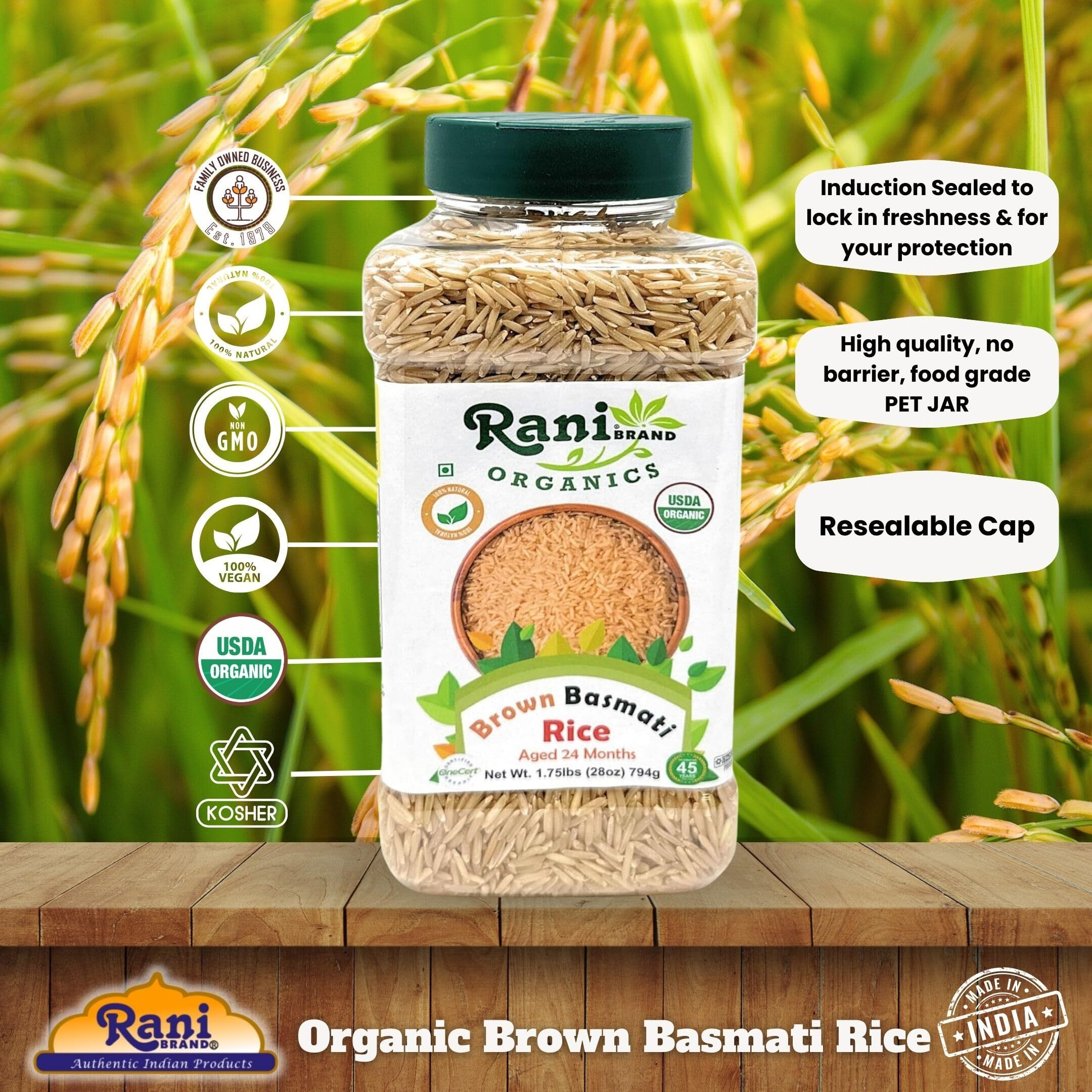 Rani Organic Brown Basmati Rice Extra Long Aged 28oz (1.75lbs) 800g PET Jar ~ All Natural, Gluten Friendly, Vegan, Indian Origin, Kosher, Export Quality, USDA Certified Organic