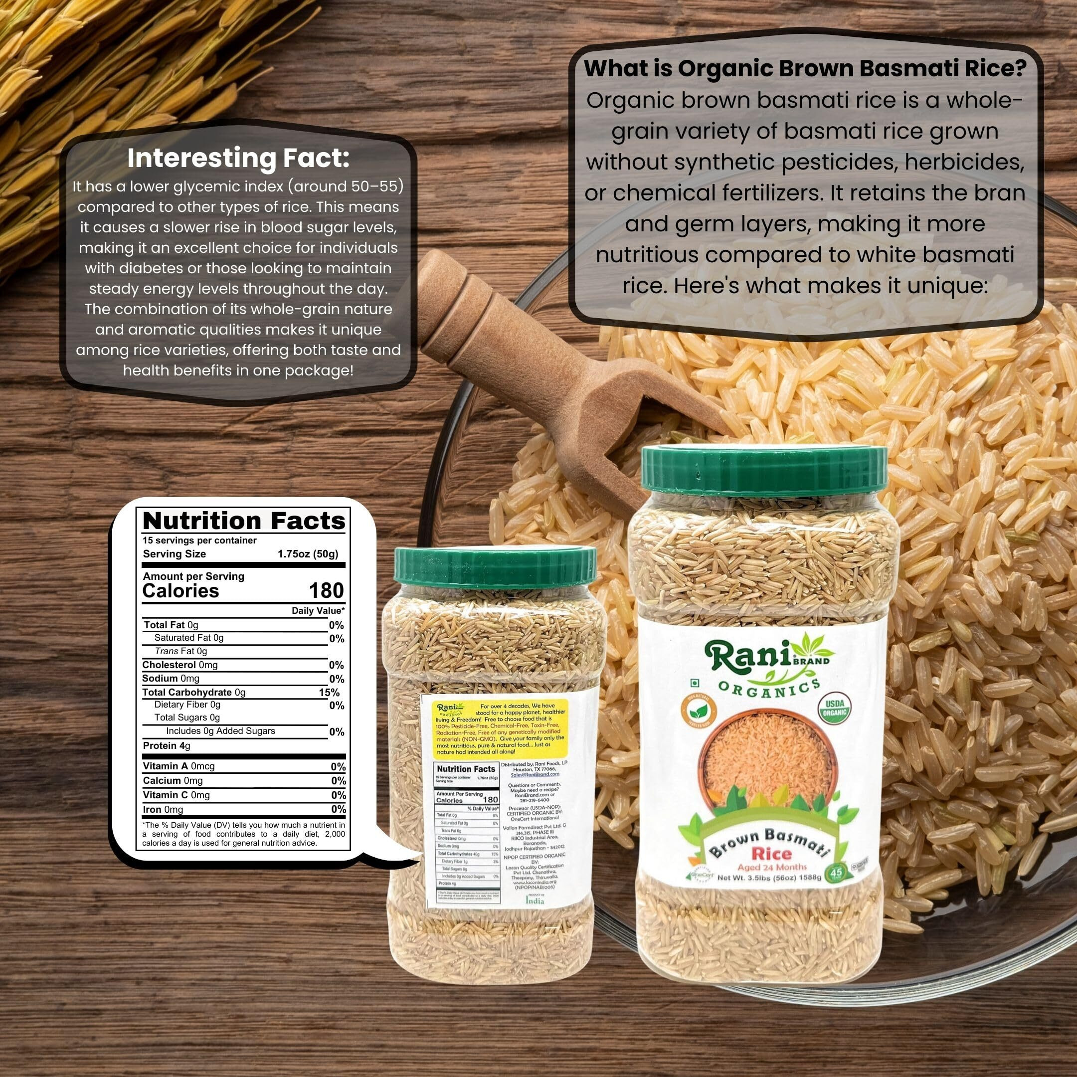Rani Organic Brown Basmati Rice Extra Long Aged 56oz (3.5lbs) 1.59kg PET Jar ~ All Natural, Gluten Friendly, Vegan, Indian Origin, Kosher, Export Quality, USDA Certified Organic