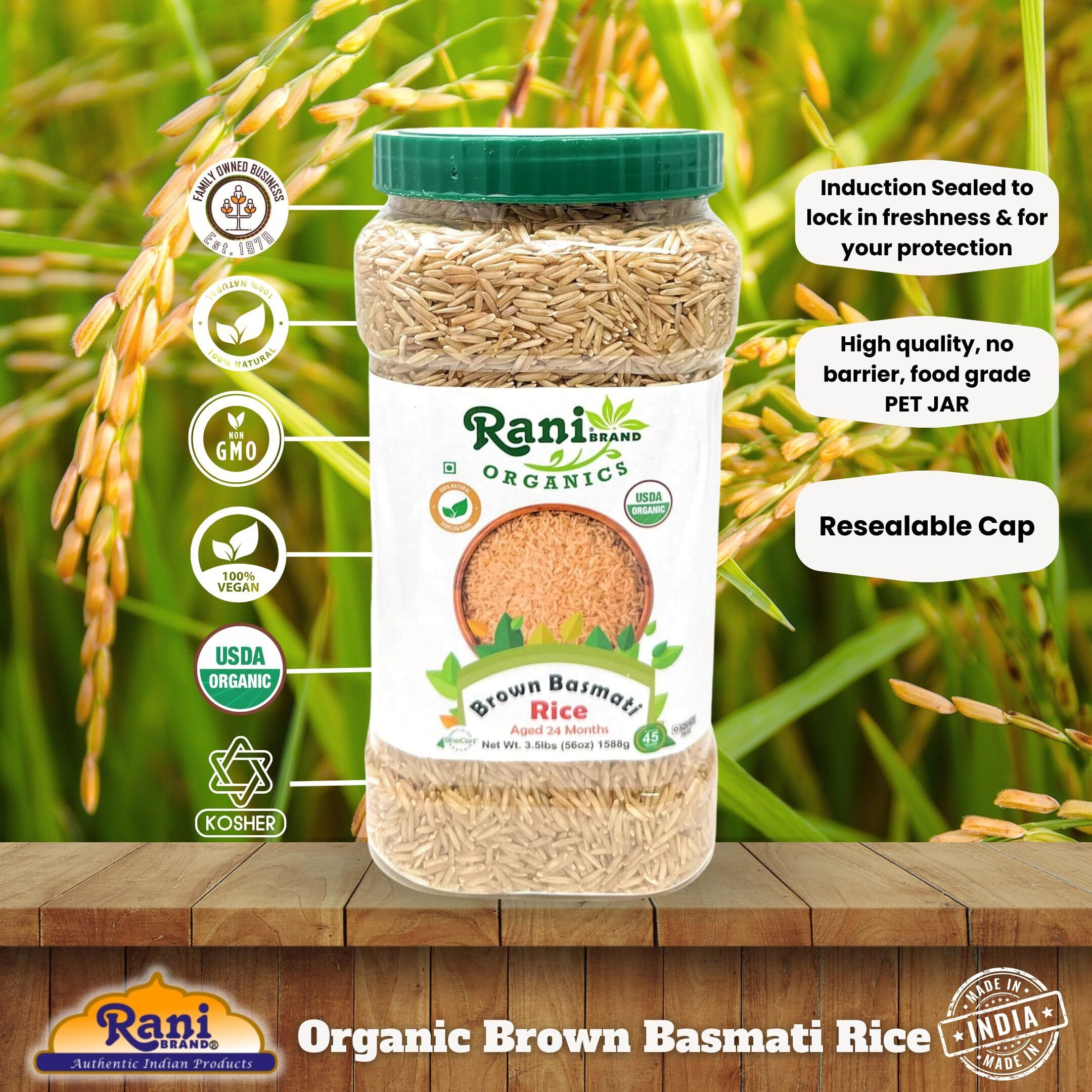 Rani Organic Brown Basmati Rice Extra Long Aged 56oz (3.5lbs) 1.59kg PET Jar ~ All Natural, Gluten Friendly, Vegan, Indian Origin, Kosher, Export Quality, USDA Certified Organic