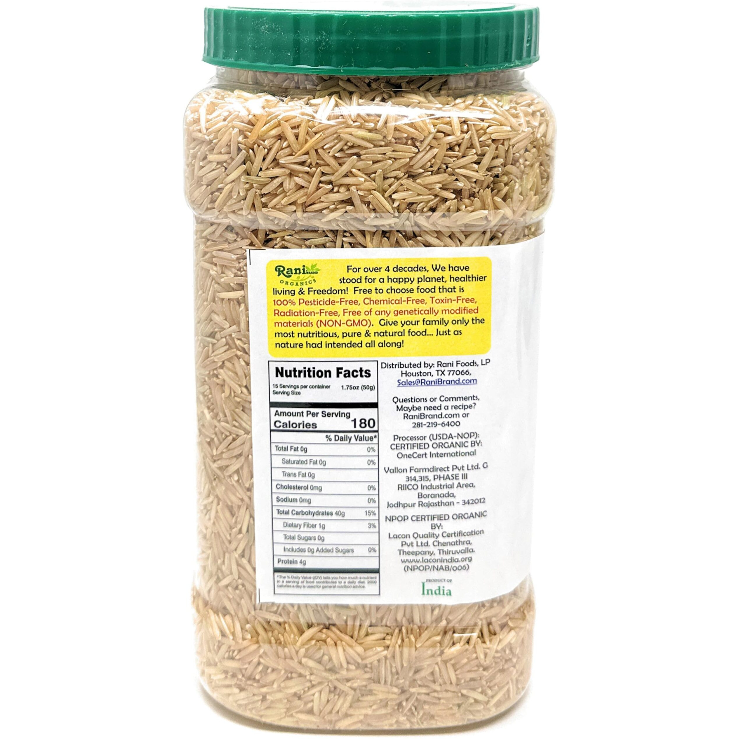Rani Organic Brown Basmati Rice Extra Long Aged 56oz (3.5lbs) 1.59kg PET Jar ~ All Natural, Gluten Friendly, Vegan, Indian Origin, Kosher, Export Quality, USDA Certified Organic