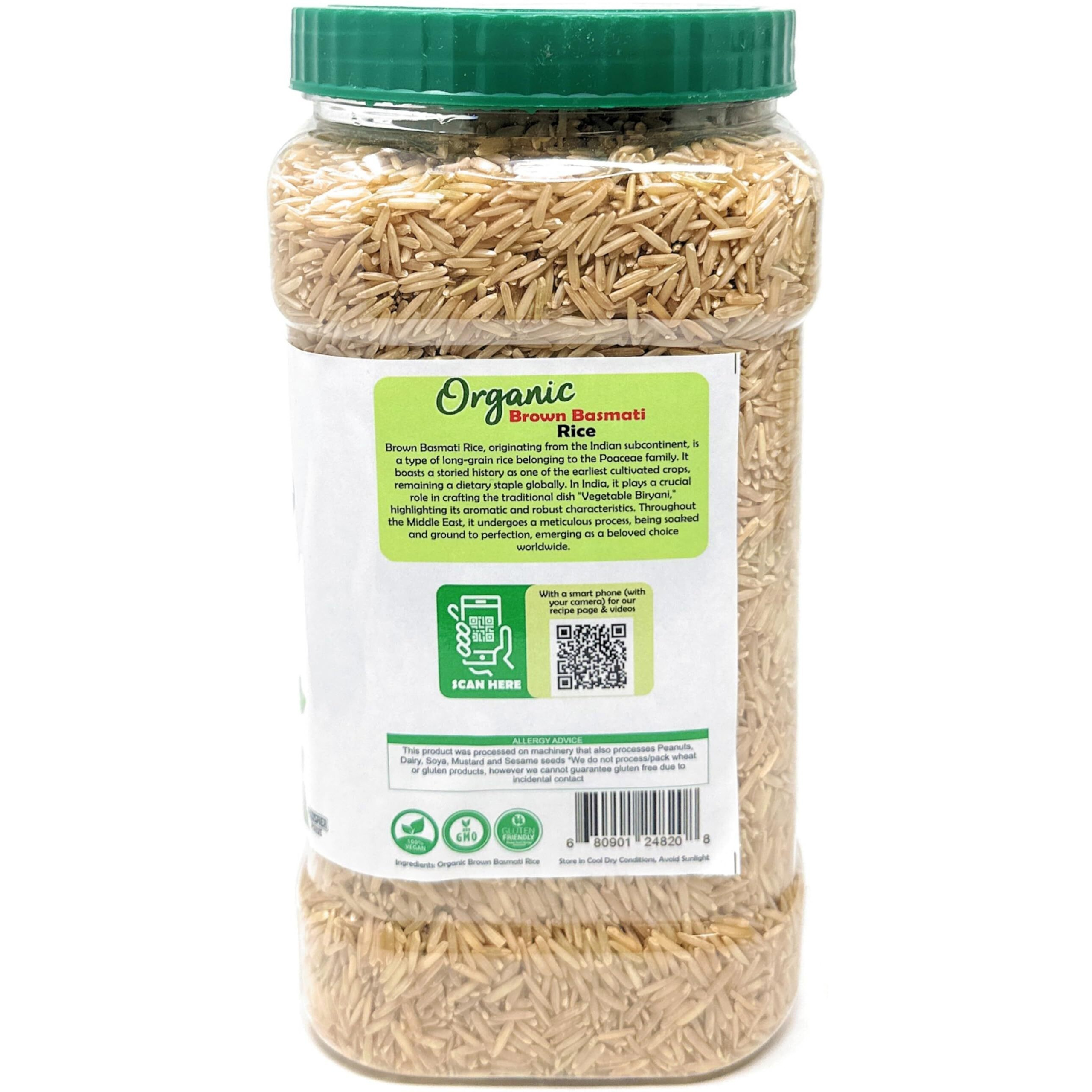 Rani Organic Brown Basmati Rice Extra Long Aged 56oz (3.5lbs) 1.59kg PET Jar ~ All Natural, Gluten Friendly, Vegan, Indian Origin, Kosher, Export Quality, USDA Certified Organic