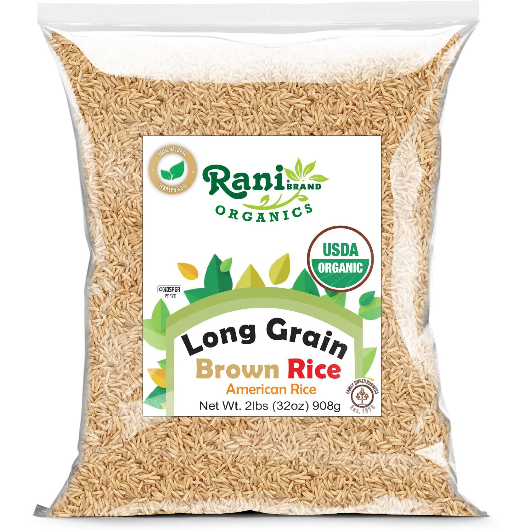 Rani Organic Long Grain Brown Rice 32oz (2lbs) 908g ~ All Natural, Gluten Friendly, Vegan, Non-GMO, Kosher, Product of USA, USDA Certified Organic