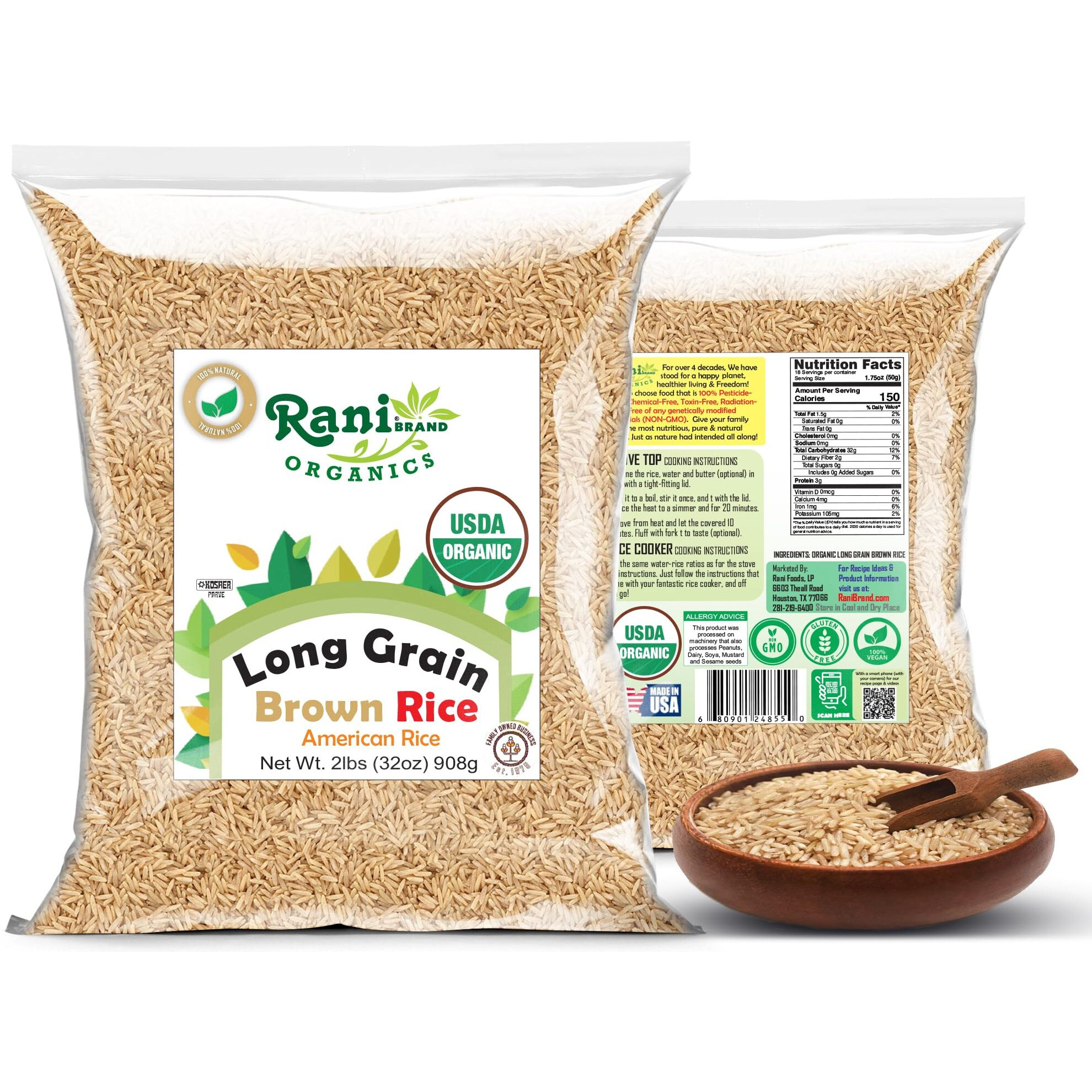 Rani Organic Long Grain Brown Rice 32oz (2lbs) 908g ~ All Natural, Gluten Friendly, Vegan, Non-GMO, Kosher, Product of USA, USDA Certified Organic