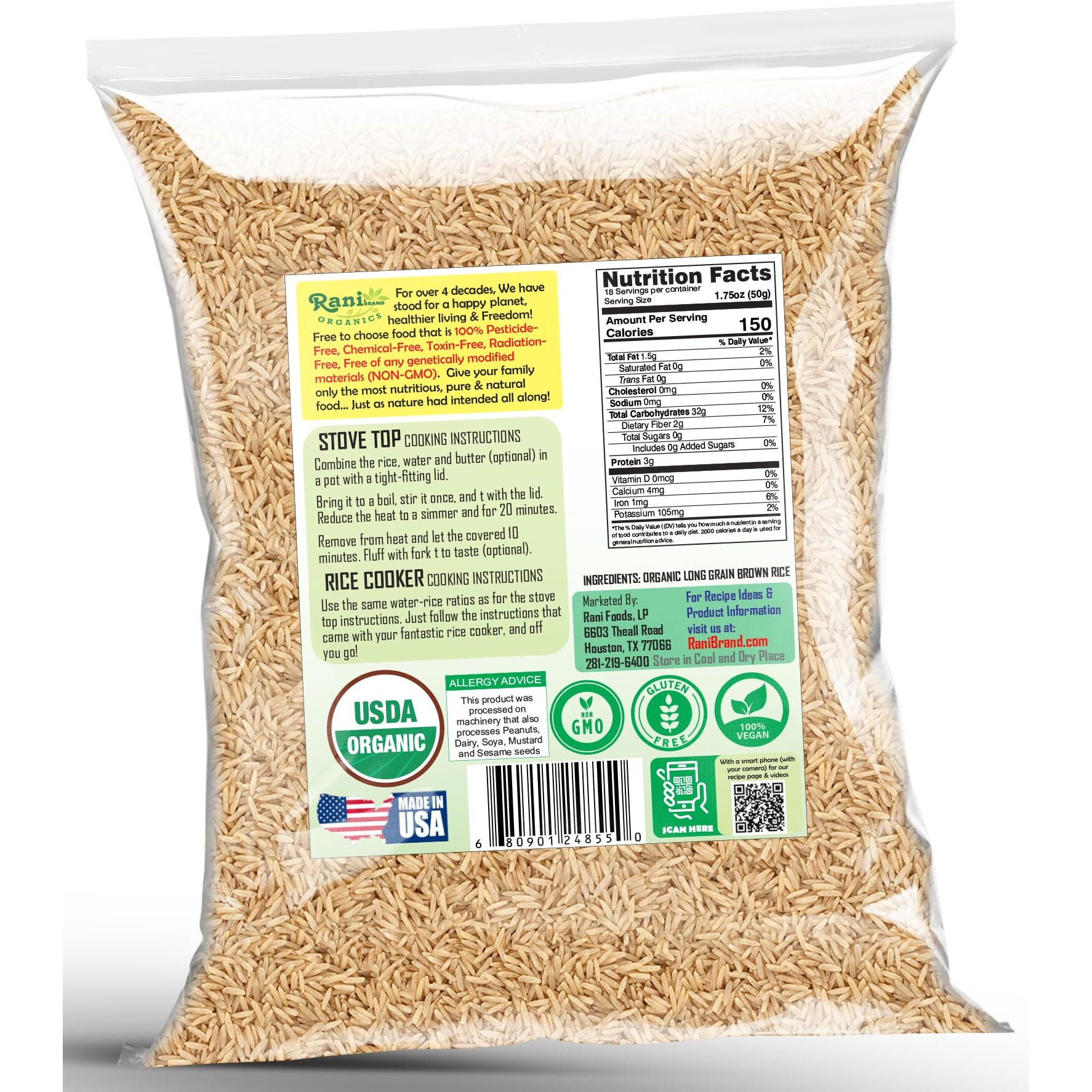 Rani Organic Long Grain Brown Rice 32oz (2lbs) 908g ~ All Natural, Gluten Friendly, Vegan, Non-GMO, Kosher, Product of USA, USDA Certified Organic