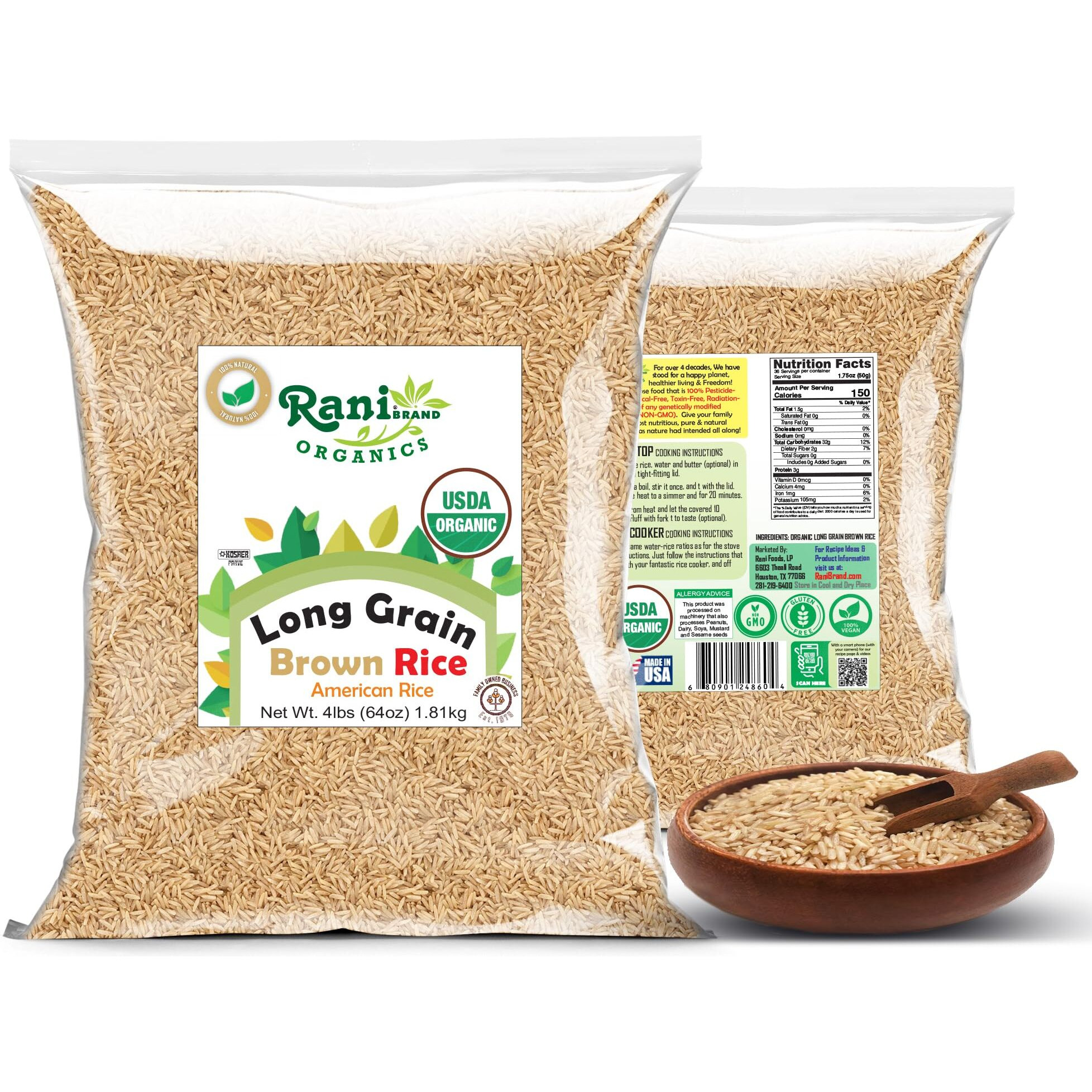 Rani Organic Long Grain Brown Rice 64oz (4lbs) 1.81kg Bulk ~ All Natural, Gluten Friendly, Vegan, Non-GMO, Kosher, Product of USA, USDA Certified Organic