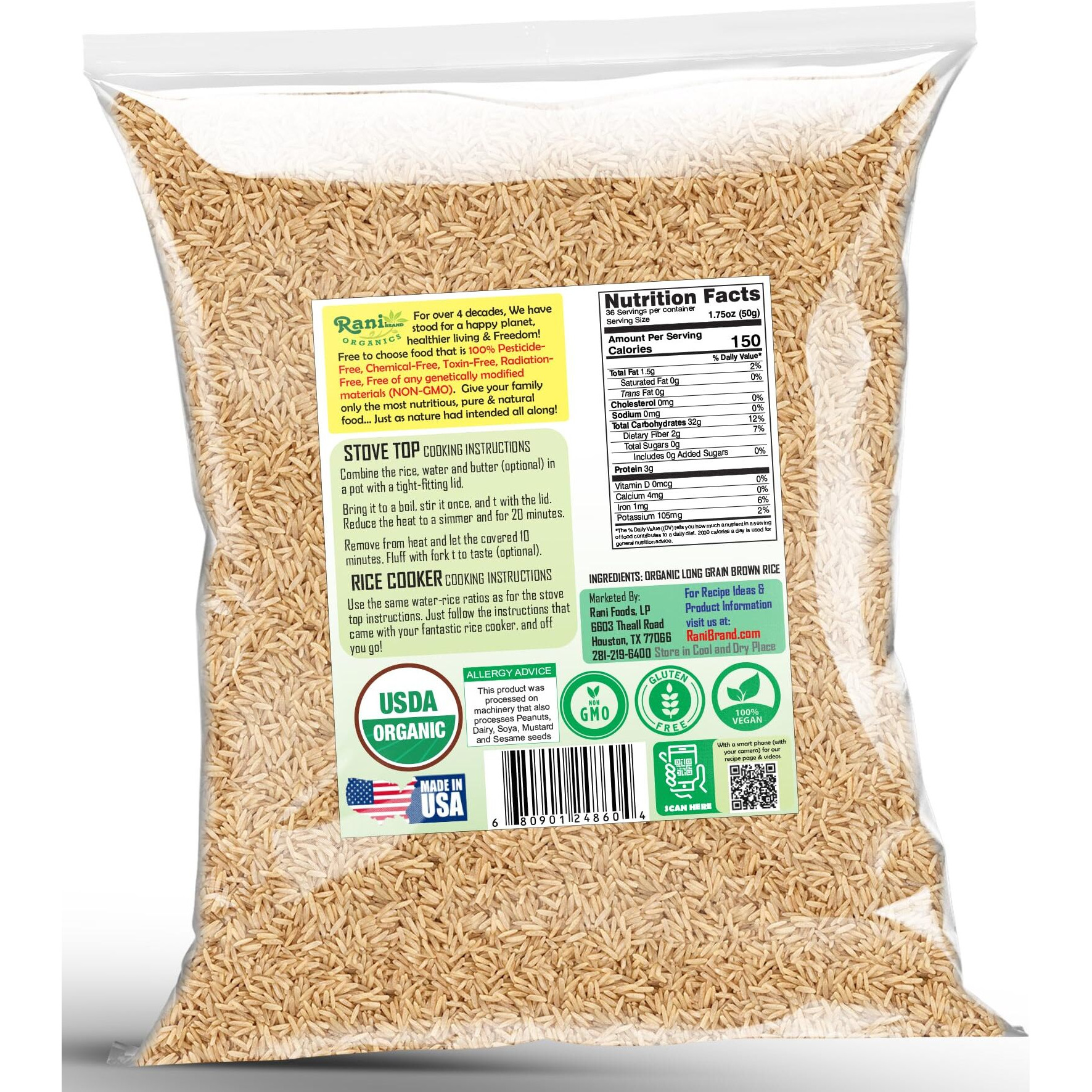 Rani Organic Long Grain Brown Rice 64oz (4lbs) 1.81kg Bulk ~ All Natural, Gluten Friendly, Vegan, Non-GMO, Kosher, Product of USA, USDA Certified Organic