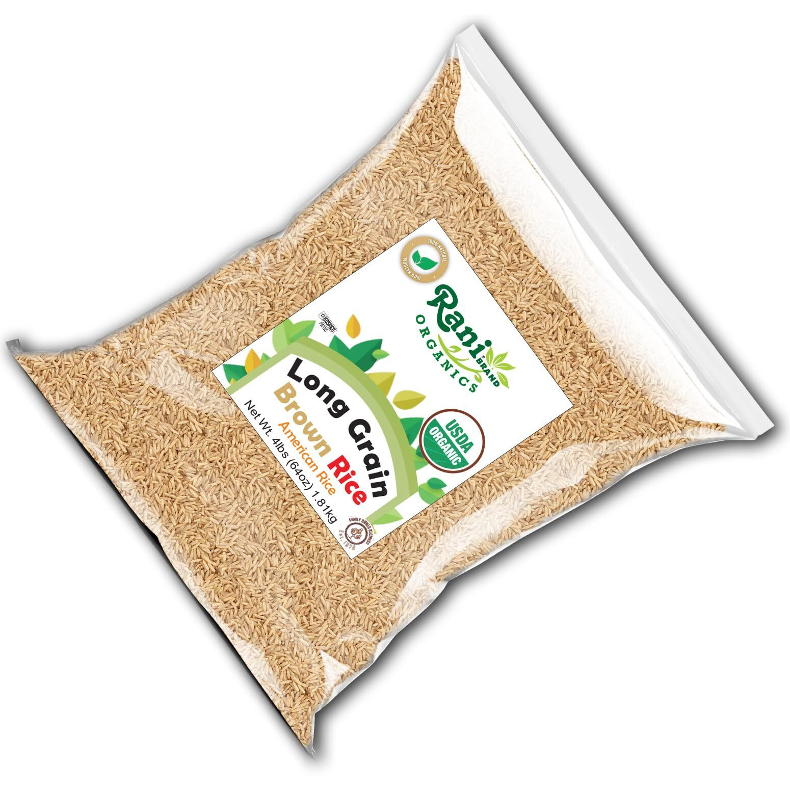 Rani Organic Long Grain Brown Rice 64oz (4lbs) 1.81kg Bulk ~ All Natural, Gluten Friendly, Vegan, Non-GMO, Kosher, Product of USA, USDA Certified Organic