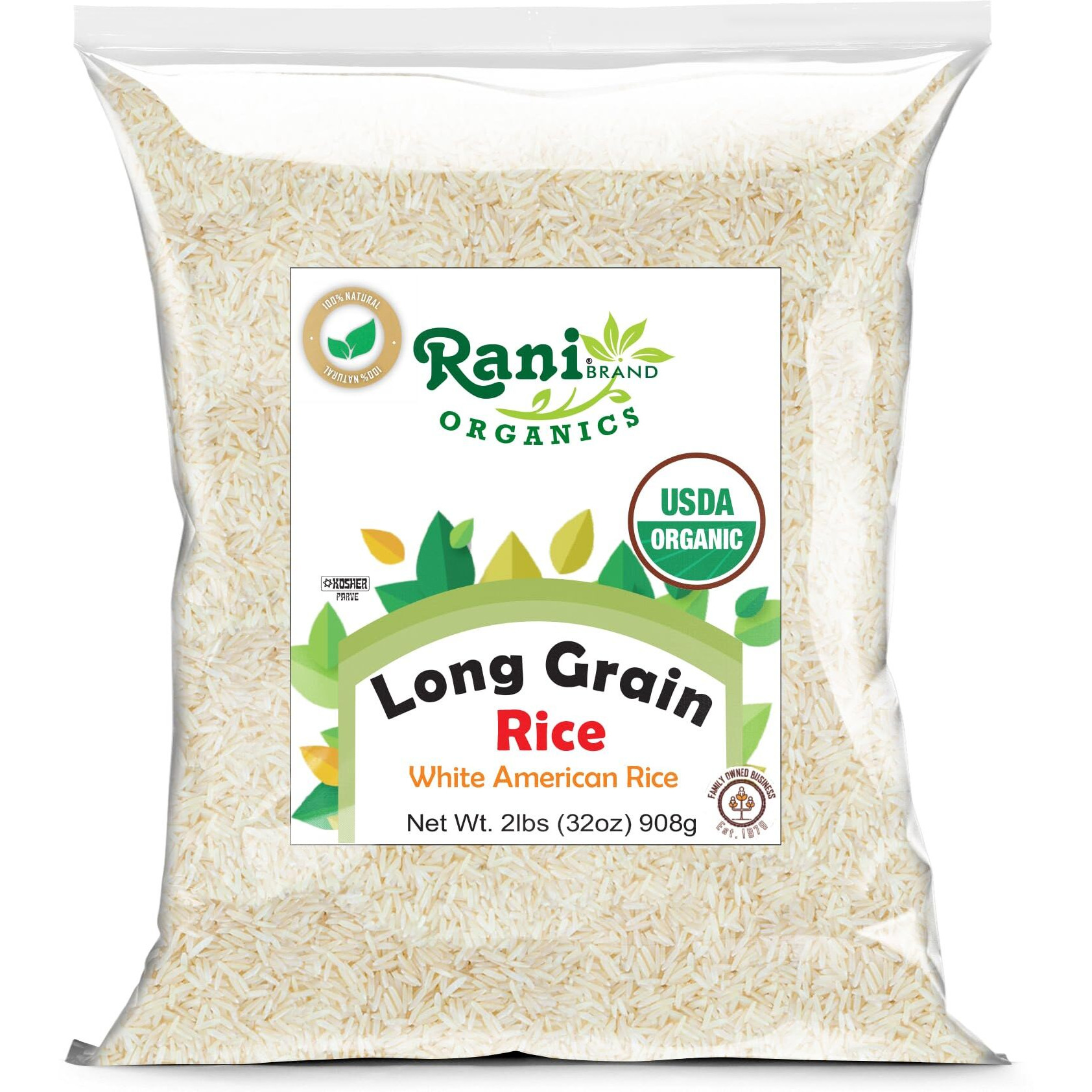 Rani Organic Long Grain White Rice 32oz (2lbs) 908g ~ All Natural, Gluten Friendly, Vegan, Non-GMO, Kosher, Product of USA, USDA Certified Organic