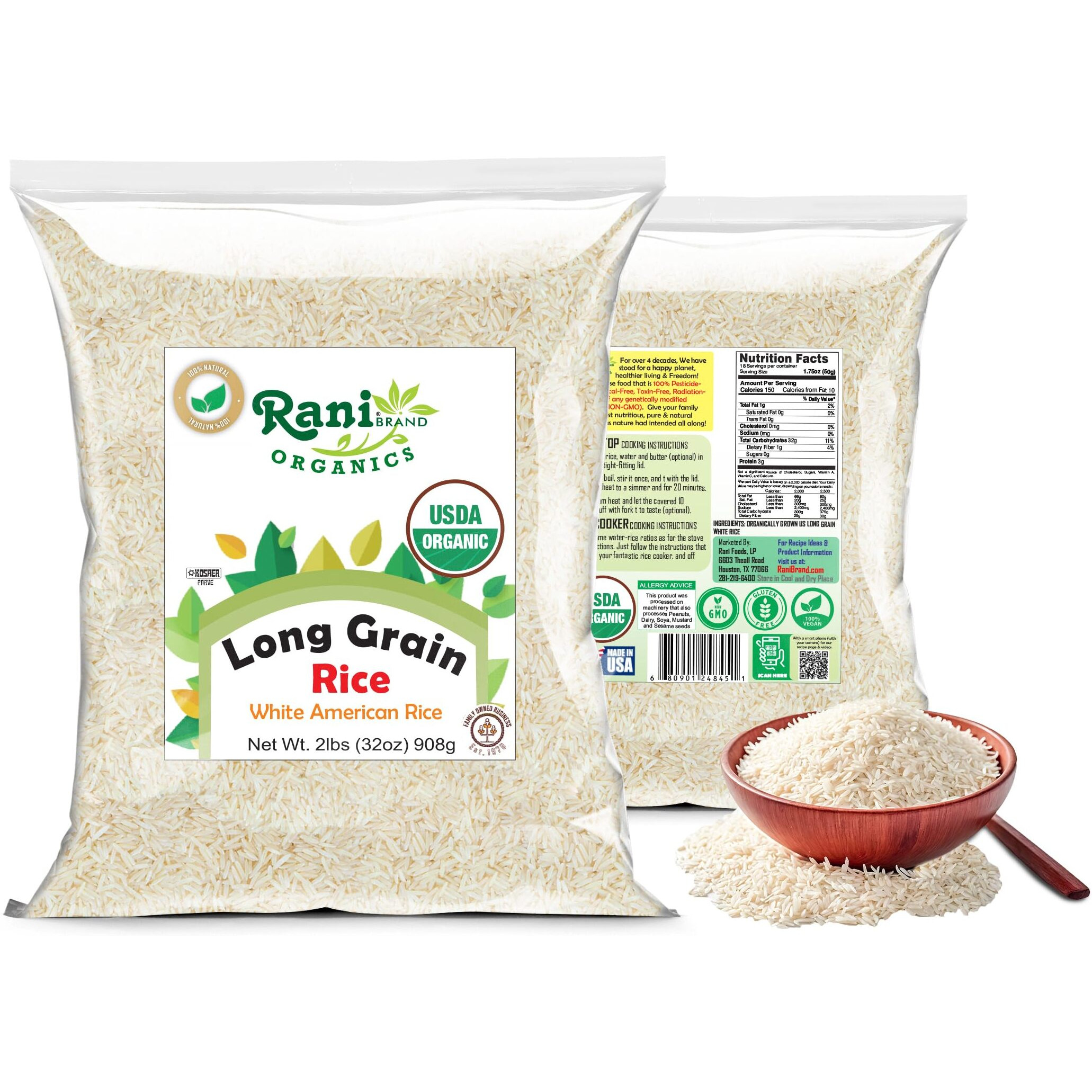 Rani Organic Long Grain White Rice 32oz (2lbs) 908g ~ All Natural, Gluten Friendly, Vegan, Non-GMO, Kosher, Product of USA, USDA Certified Organic