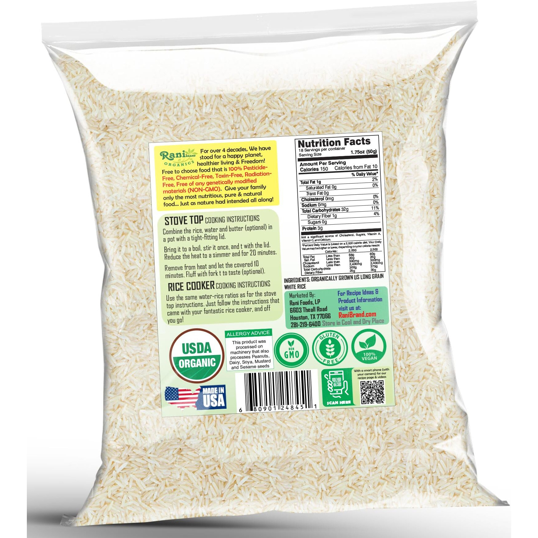 Rani Organic Long Grain White Rice 32oz (2lbs) 908g ~ All Natural, Gluten Friendly, Vegan, Non-GMO, Kosher, Product of USA, USDA Certified Organic