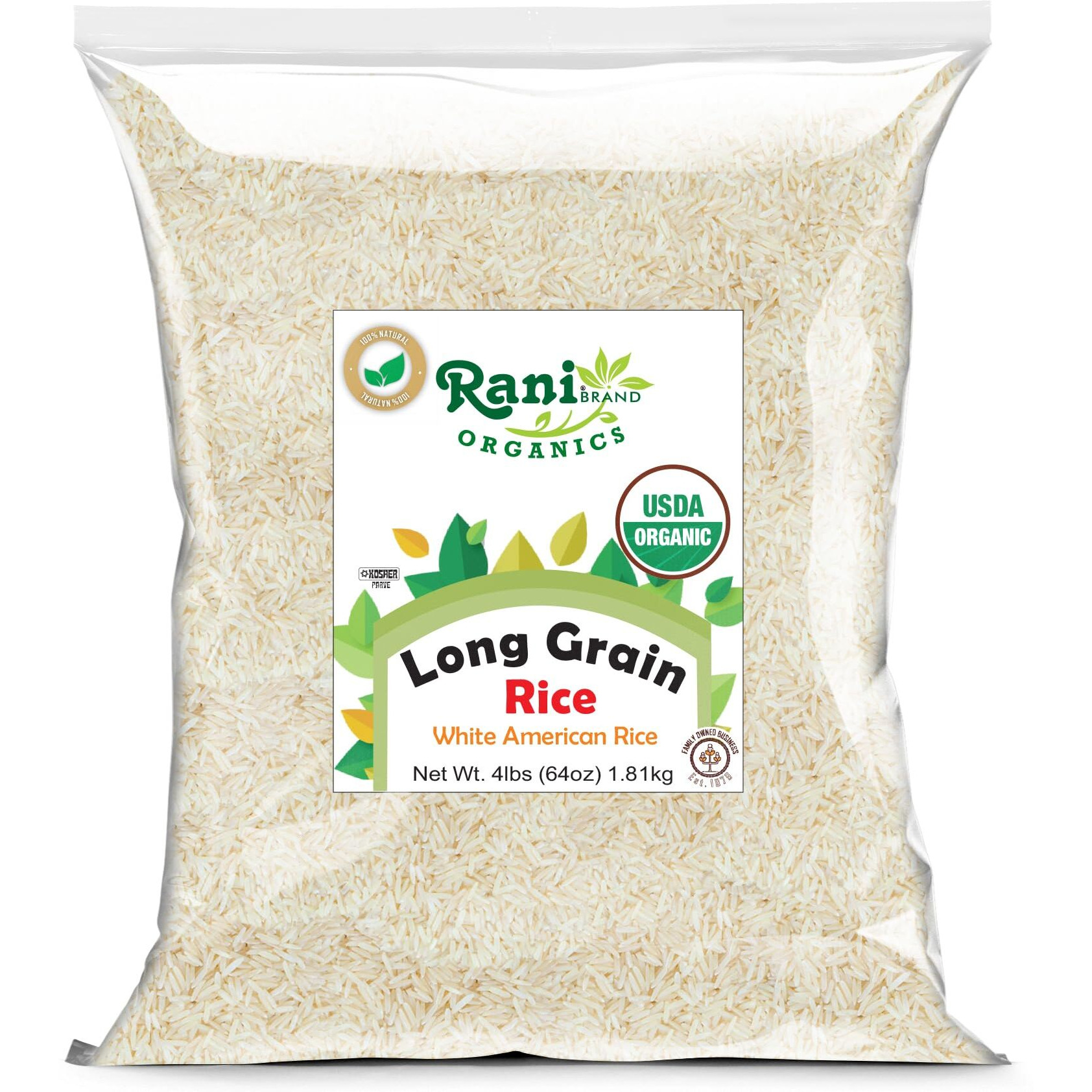 Rani Organic Long Grain White Rice 64oz (4lbs) 1.81kg Bulk ~ All Natural, Gluten Friendly, Vegan, Non-GMO, Kosher, Product of USA, USDA Certified Organic