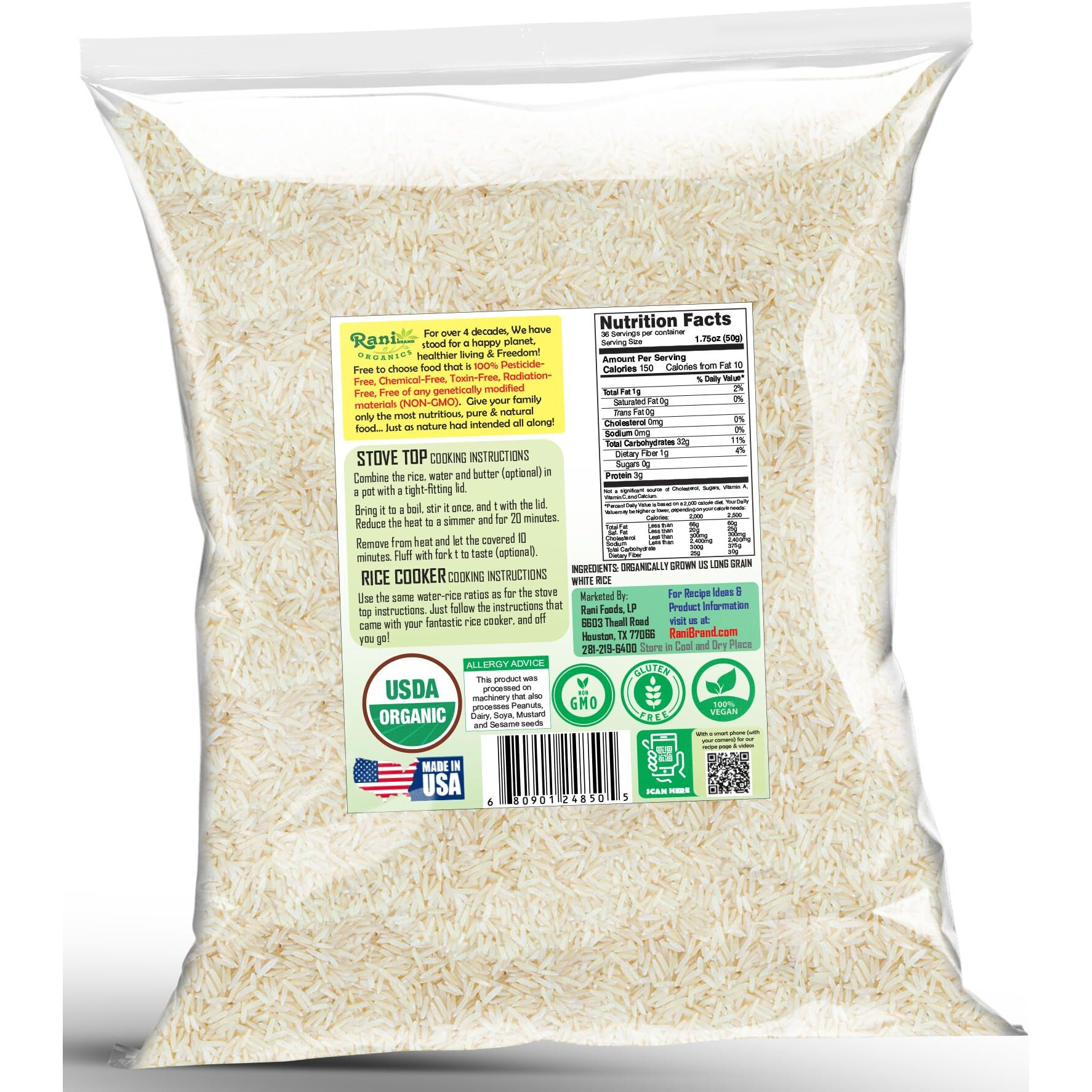 Rani Organic Long Grain White Rice 64oz (4lbs) 1.81kg Bulk ~ All Natural, Gluten Friendly, Vegan, Non-GMO, Kosher, Product of USA, USDA Certified Organic