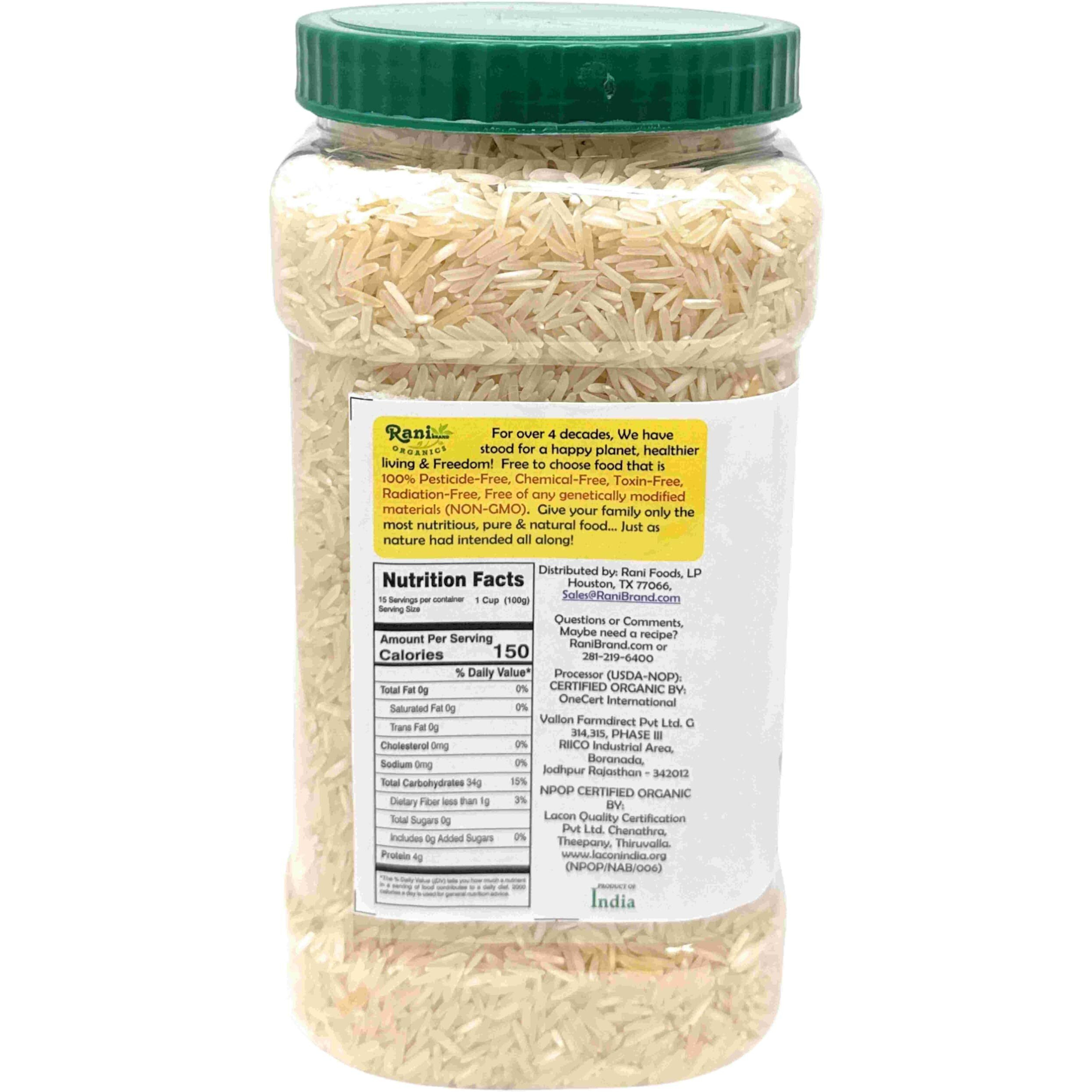 Rani Organic Platinum White Basmati Rice Extra Long Aged 56oz (3.5lbs) 1.59kg PET Jar ~ All Natural, Gluten Friendly, Vegan, Indian Origin, Kosher, Export Quality, USDA Certified Organic