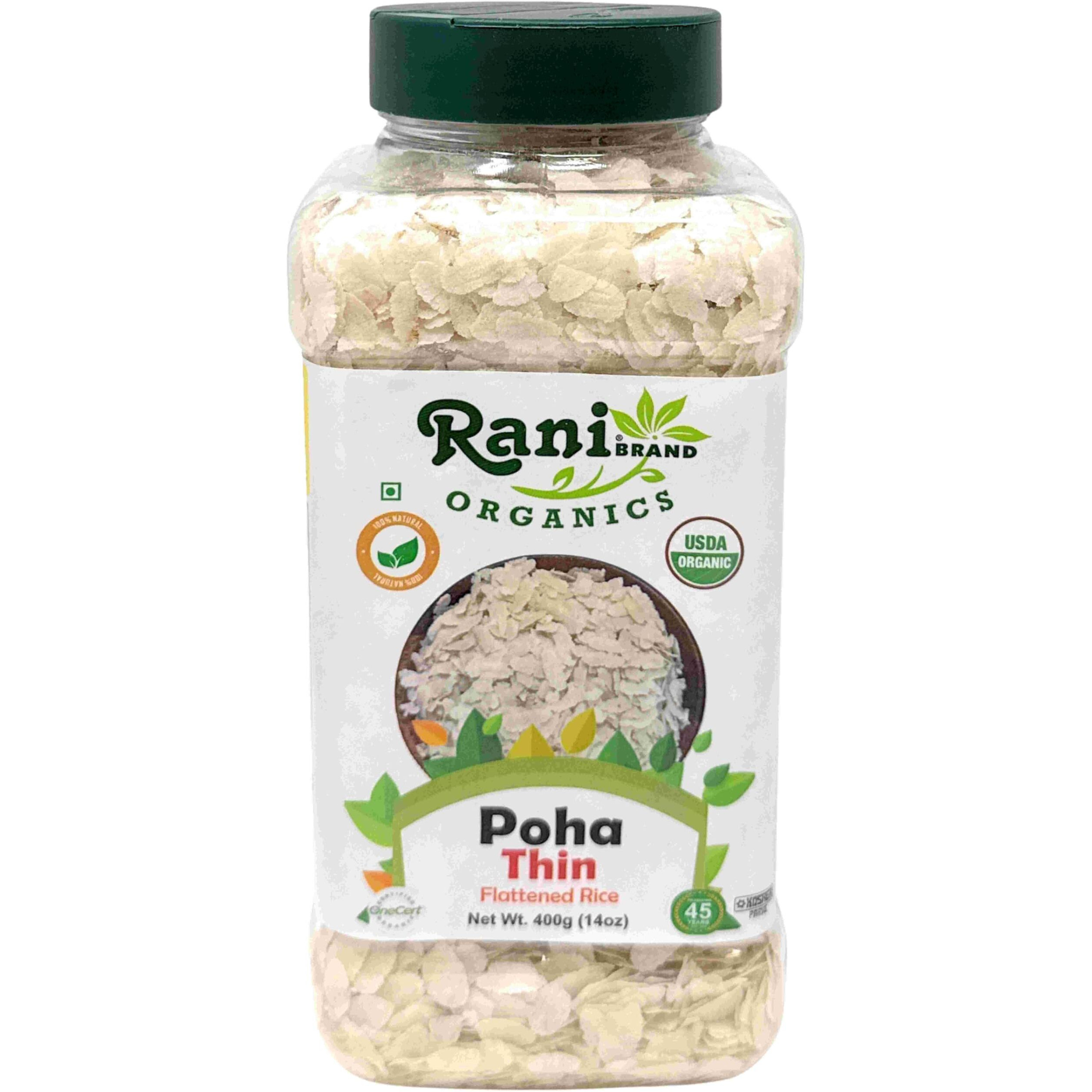 Rani Organic Poha (Powa) Thin Cut (Flattened Rice) 14oz (400g) PET Jar ~ All Natural, Salt-Free, Vegan, Kosher, No Colors, Gluten Friendly, Indian Origin, USDA Certified Organic