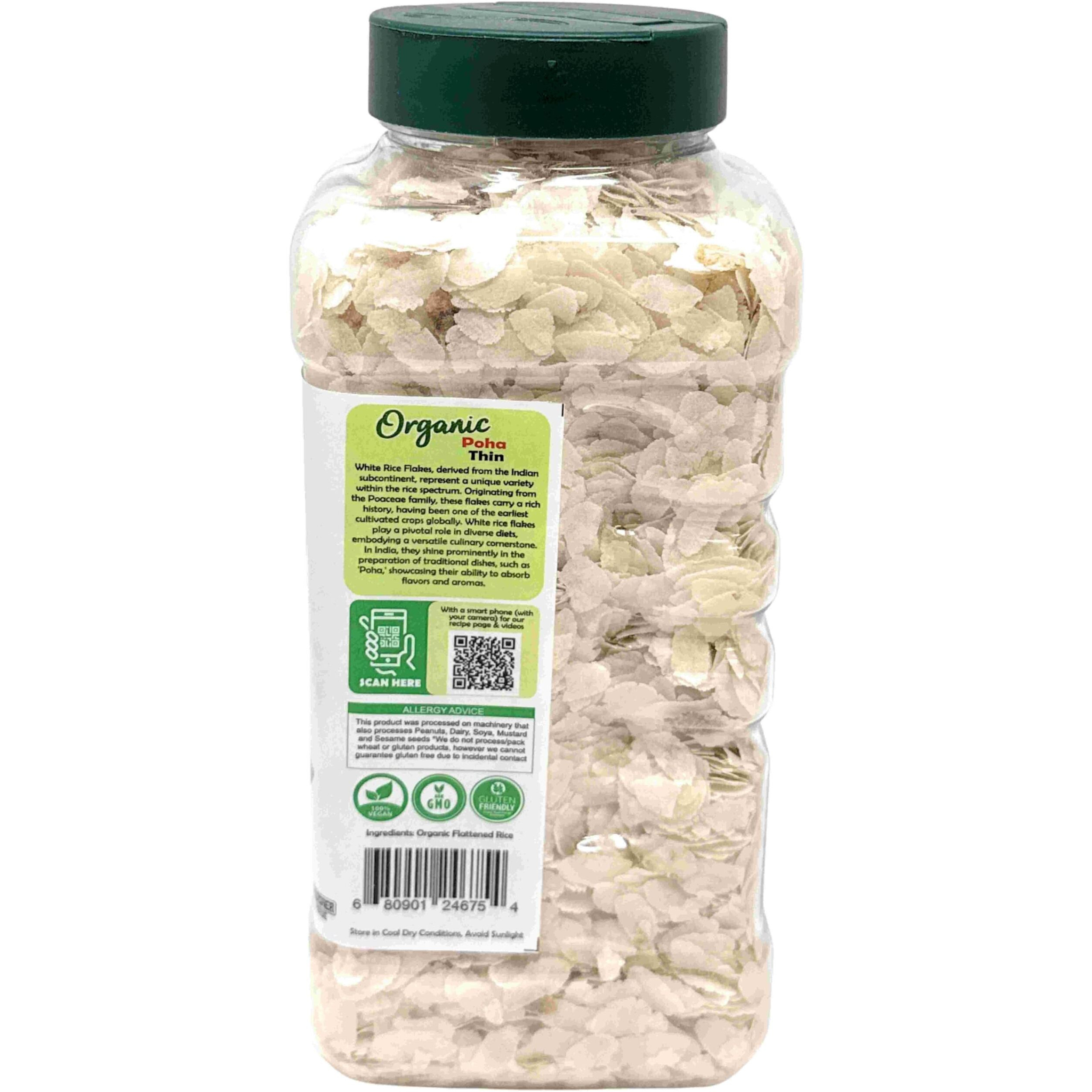 Rani Organic Poha (Powa) Thin Cut (Flattened Rice) 14oz (400g) PET Jar ~ All Natural, Salt-Free, Vegan, Kosher, No Colors, Gluten Friendly, Indian Origin, USDA Certified Organic