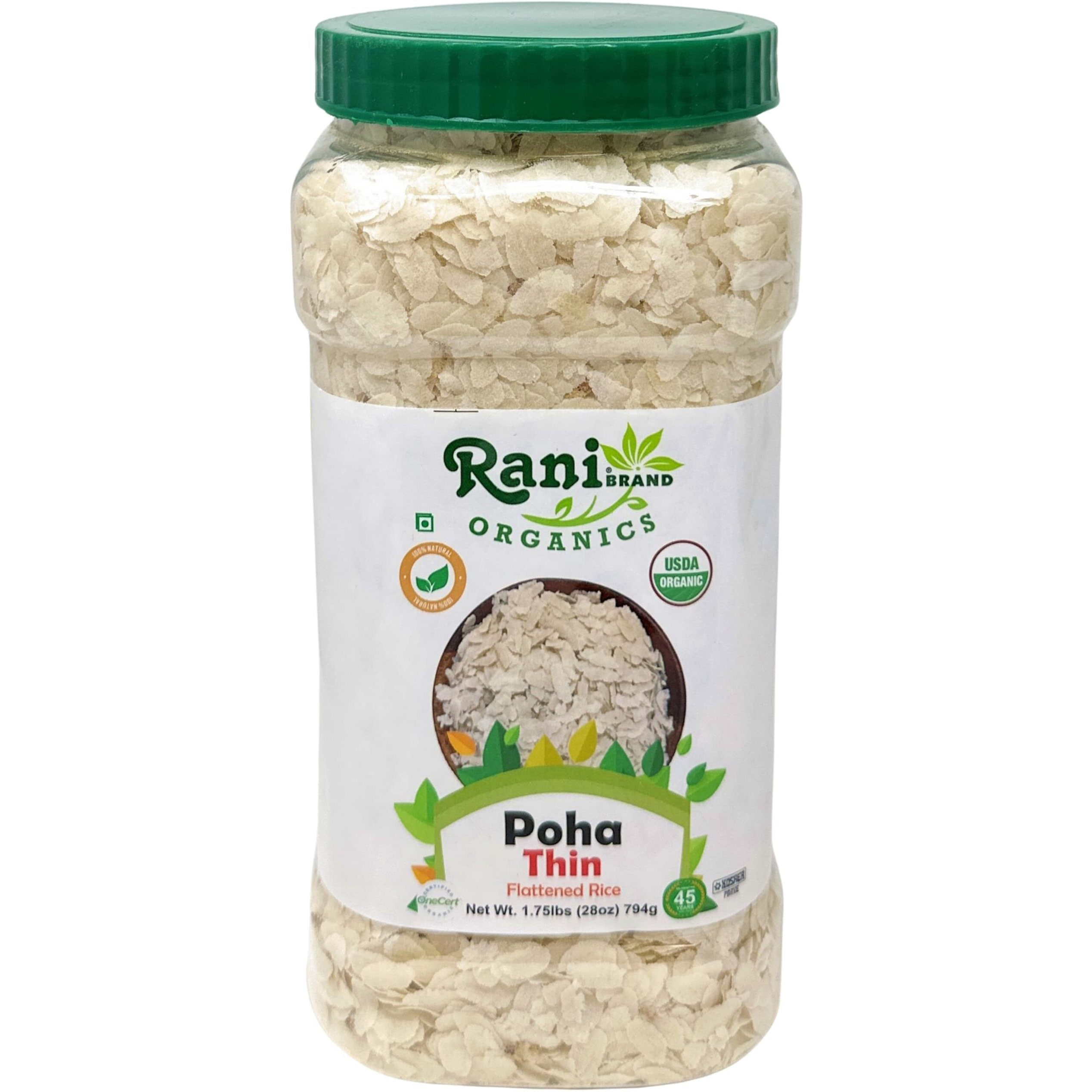 Rani Organic Poha (Powa) Thin Cut (Flattened Rice) 28oz (1.75lbs) 800g PET Jar ~ All Natural, Salt-Free, Vegan, Kosher, No Colors, Gluten Friendly, Indian Origin, USDA Certified Organic