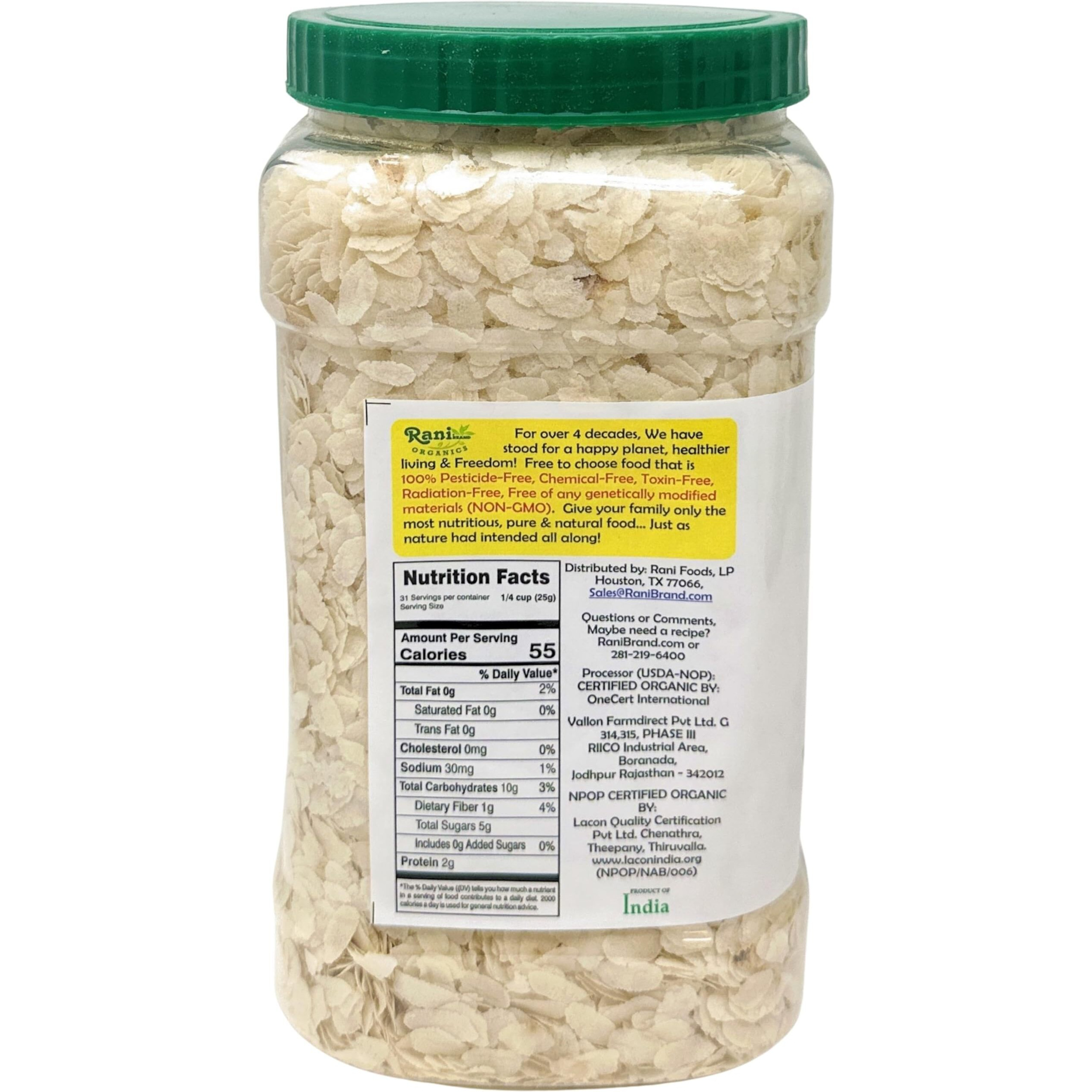 Rani Organic Poha (Powa) Thin Cut (Flattened Rice) 28oz (1.75lbs) 800g PET Jar ~ All Natural, Salt-Free, Vegan, Kosher, No Colors, Gluten Friendly, Indian Origin, USDA Certified Organic