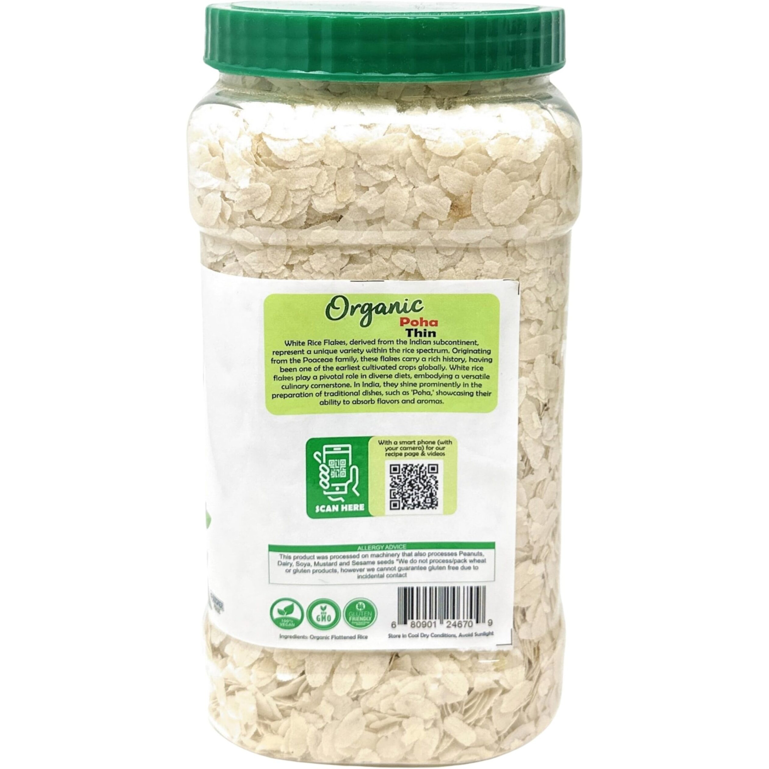 Rani Organic Poha (Powa) Thin Cut (Flattened Rice) 28oz (1.75lbs) 800g PET Jar ~ All Natural, Salt-Free, Vegan, Kosher, No Colors, Gluten Friendly, Indian Origin, USDA Certified Organic