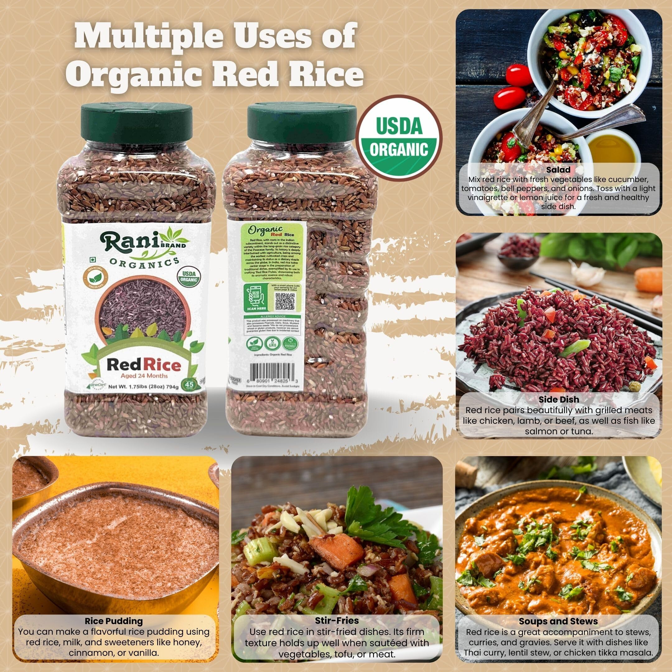 Rani Organic Red Rice Extra Long Aged 28oz (1.75lbs) 800g PET Jar ~ All Natural, Gluten Friendly, Vegan, Indian Origin, Kosher, Export Quality, USDA Certified Organic