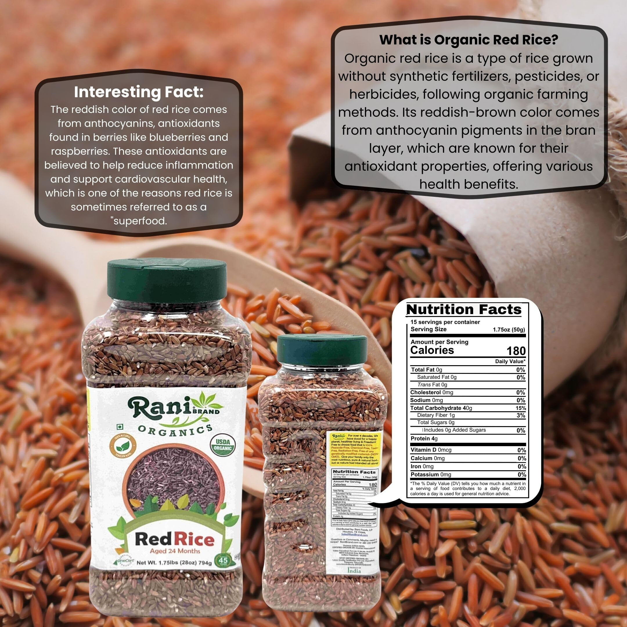 Rani Organic Red Rice Extra Long Aged 28oz (1.75lbs) 800g PET Jar ~ All Natural, Gluten Friendly, Vegan, Indian Origin, Kosher, Export Quality, USDA Certified Organic