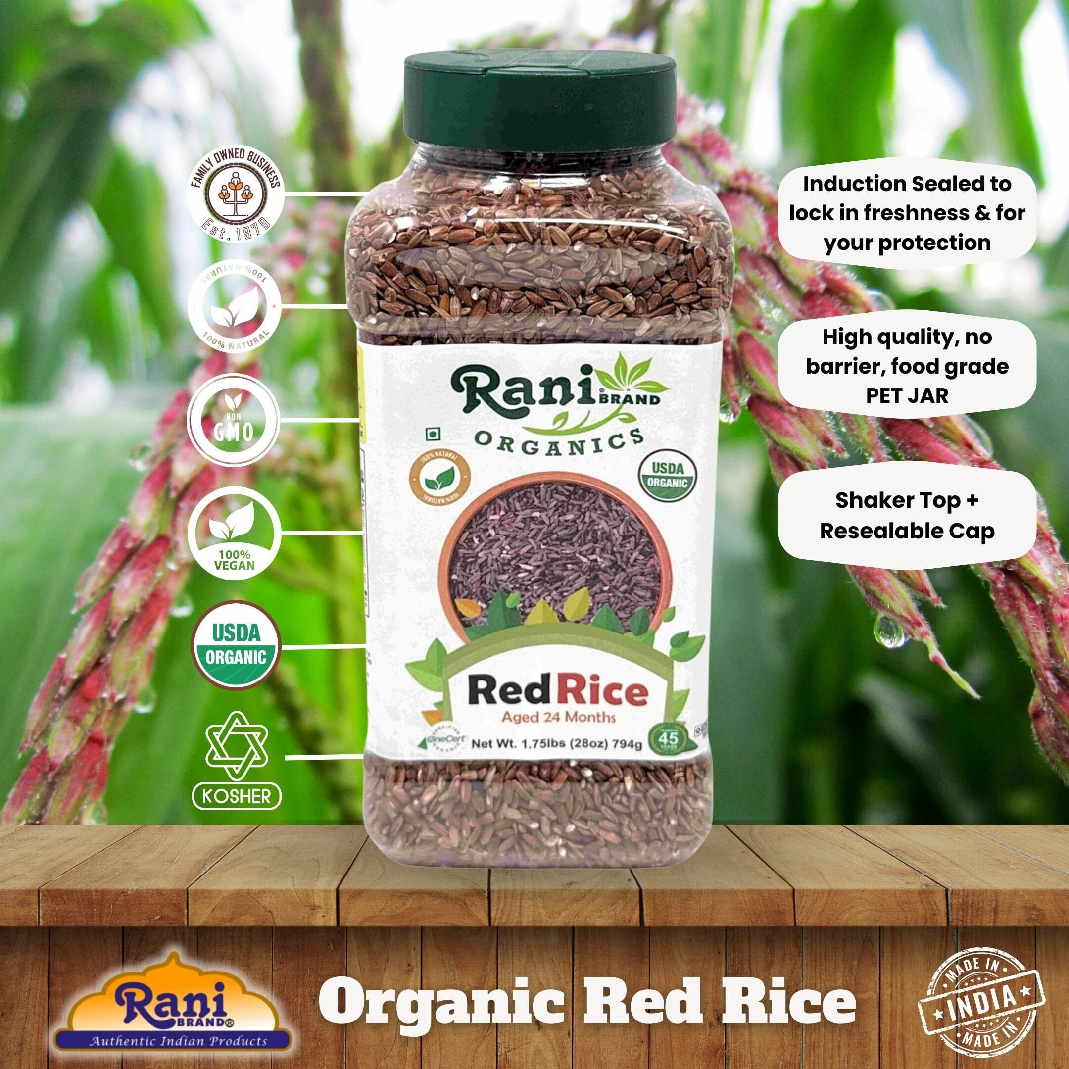 Rani Organic Red Rice Extra Long Aged 28oz (1.75lbs) 800g PET Jar ~ All Natural, Gluten Friendly, Vegan, Indian Origin, Kosher, Export Quality, USDA Certified Organic